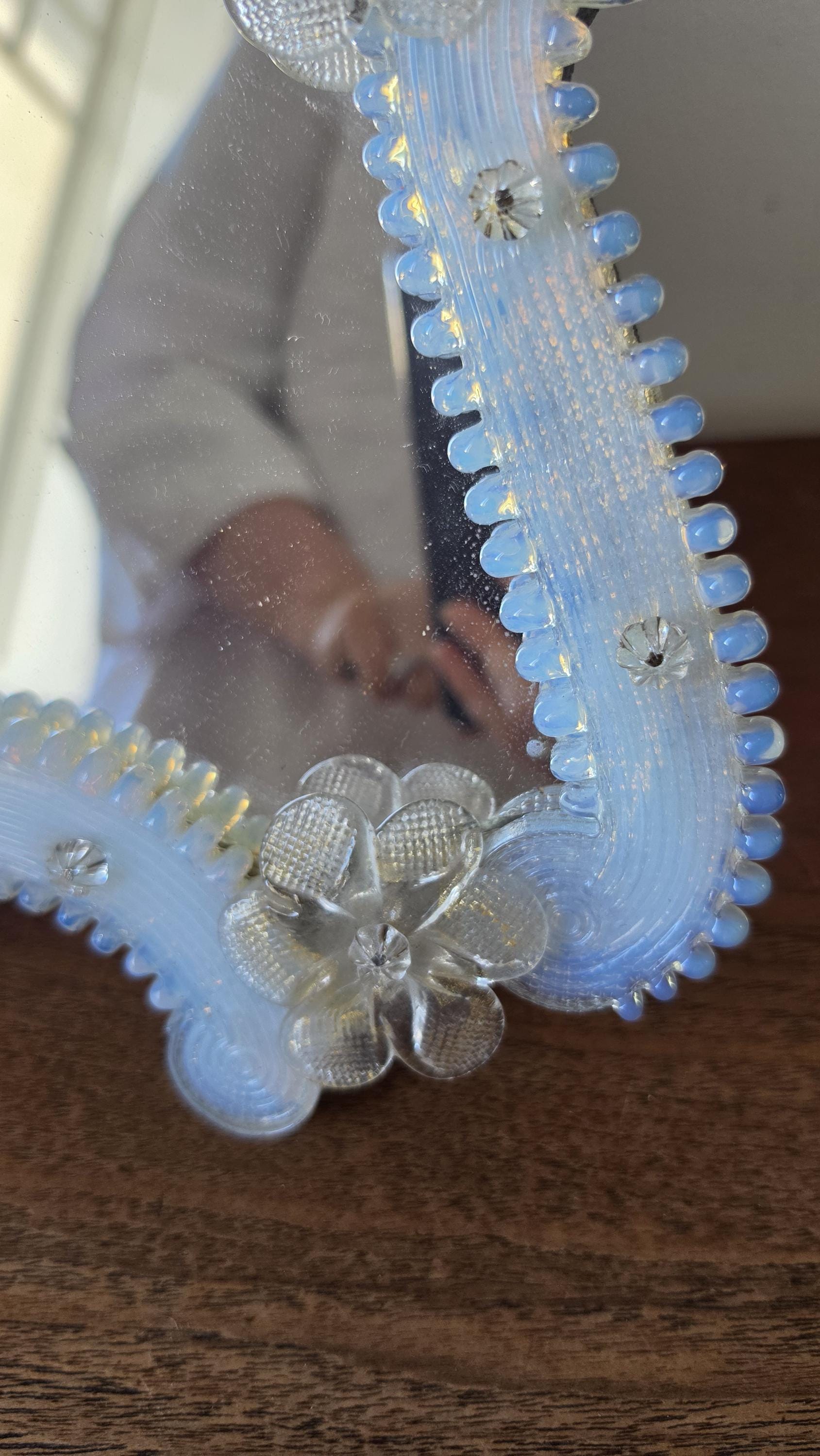 Vintage Venetian Style Opaline Glass Mirror, Floral Murano Style Vanity Mirror, Italian Decorative Table Mirror, Hollywood Regency