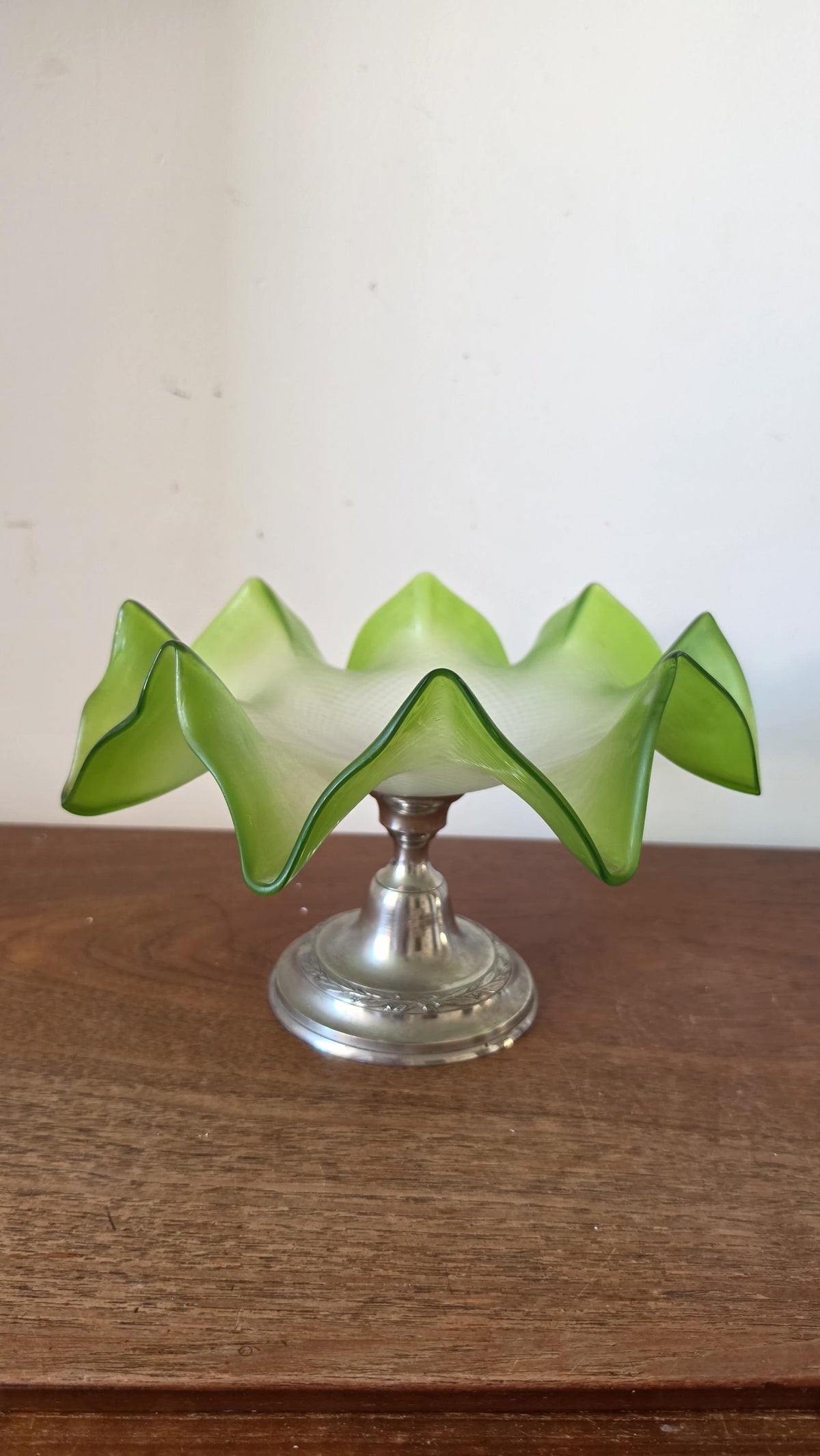 Vintage Green Art Glass Compote Bowl, Murano Style Ruffled Pedestal Bowl, Mid Century Centerpiece, Italian Style Decorative Fruit Bowl