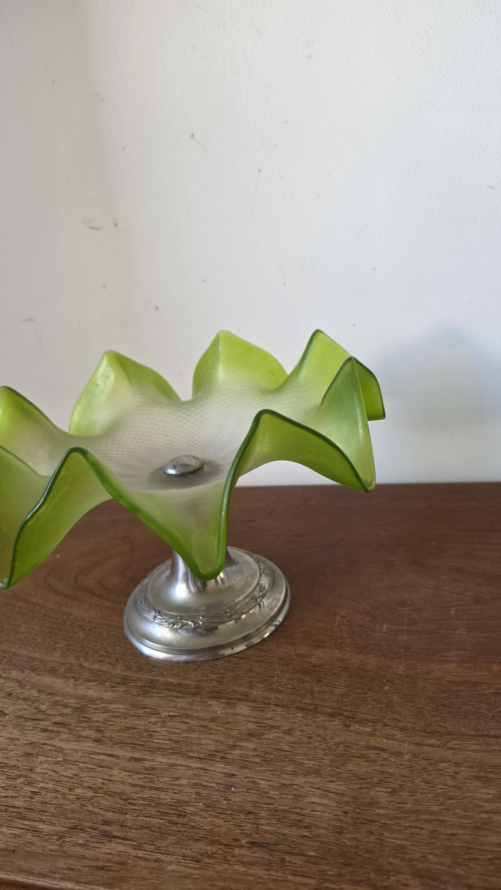Vintage Green Art Glass Compote Bowl, Murano Style Ruffled Pedestal Bowl, Mid Century Centerpiece, Italian Style Decorative Fruit Bowl