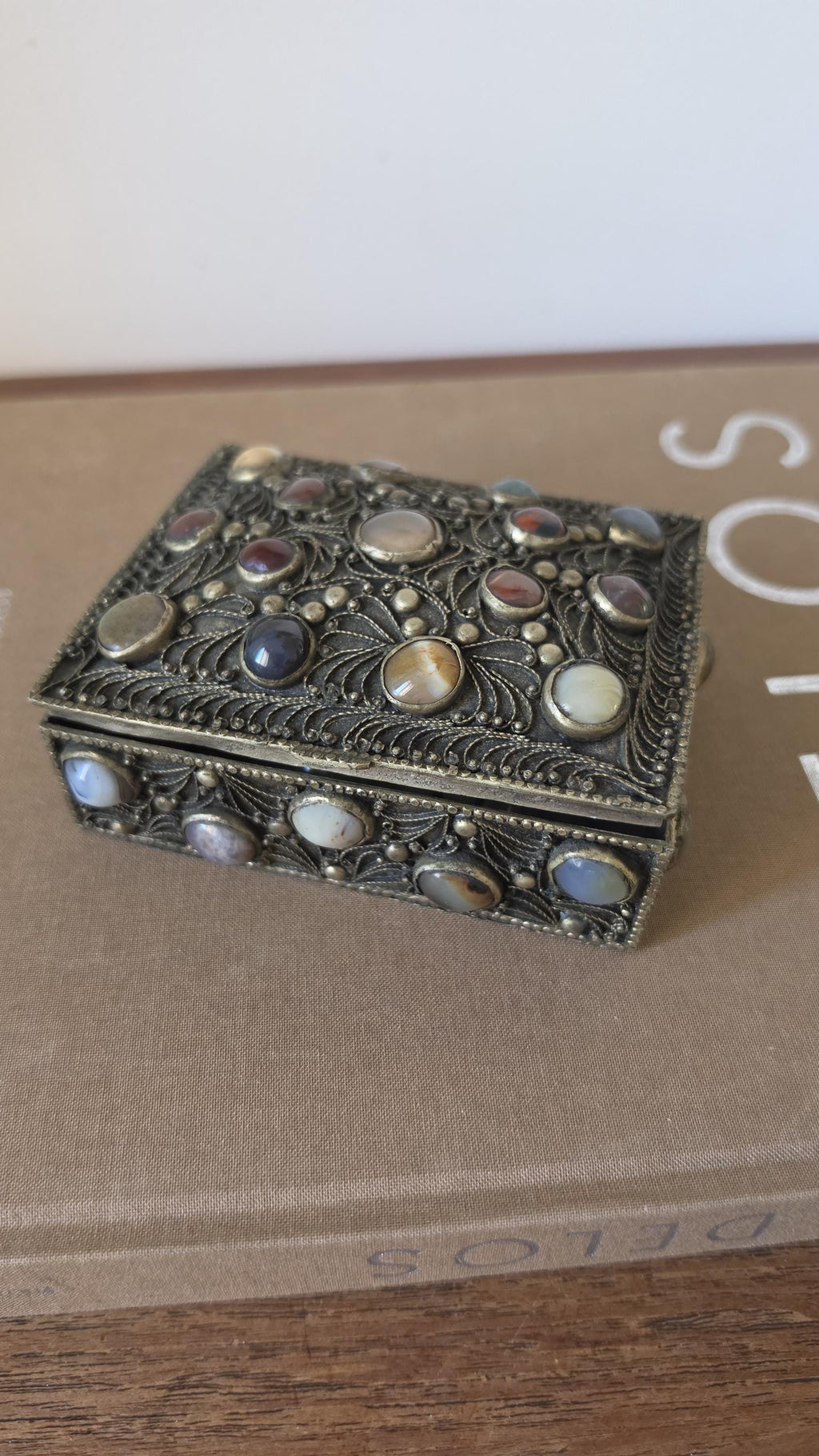 Antique Folk Art Silverplate Jewelry Box with Agate Cabochons, Vintage Trinket Box, Ornate Filigree Keepsake, Boho Global Decor