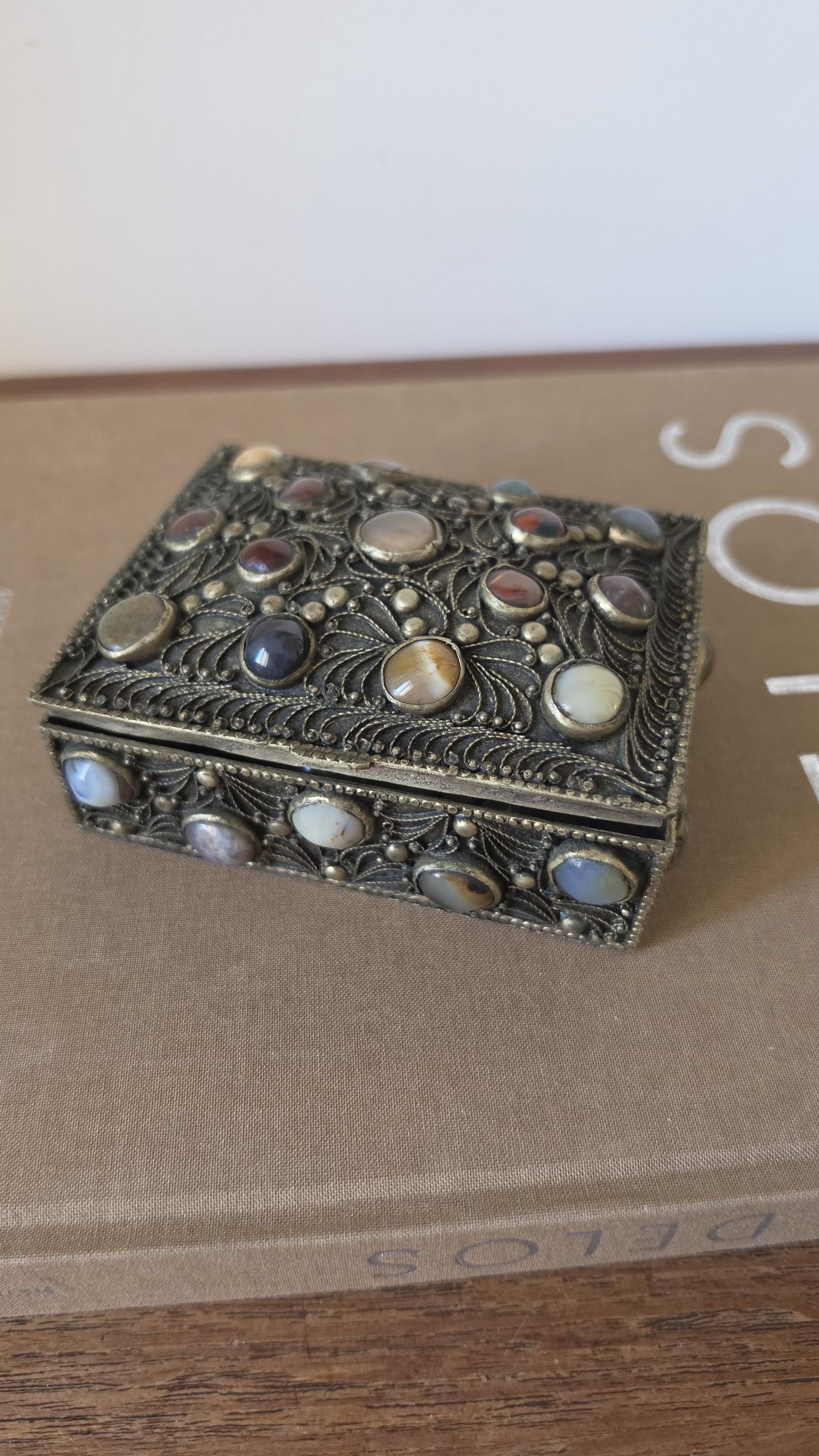 Antique Folk Art Silverplate Jewelry Box with Agate Cabochons, Vintage Trinket Box, Ornate Filigree Keepsake, Boho Global Decor