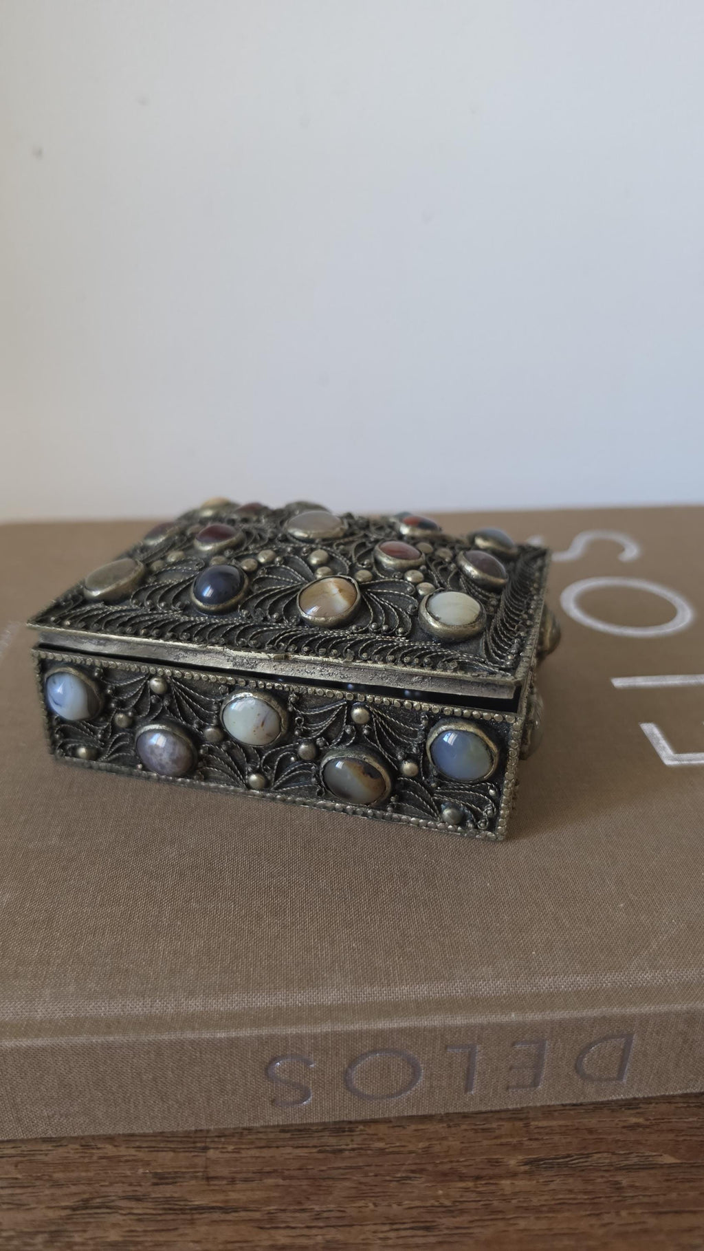 Antique Folk Art Silverplate Jewelry Box with Agate Cabochons, Vintage Trinket Box, Ornate Filigree Keepsake, Boho Global Decor