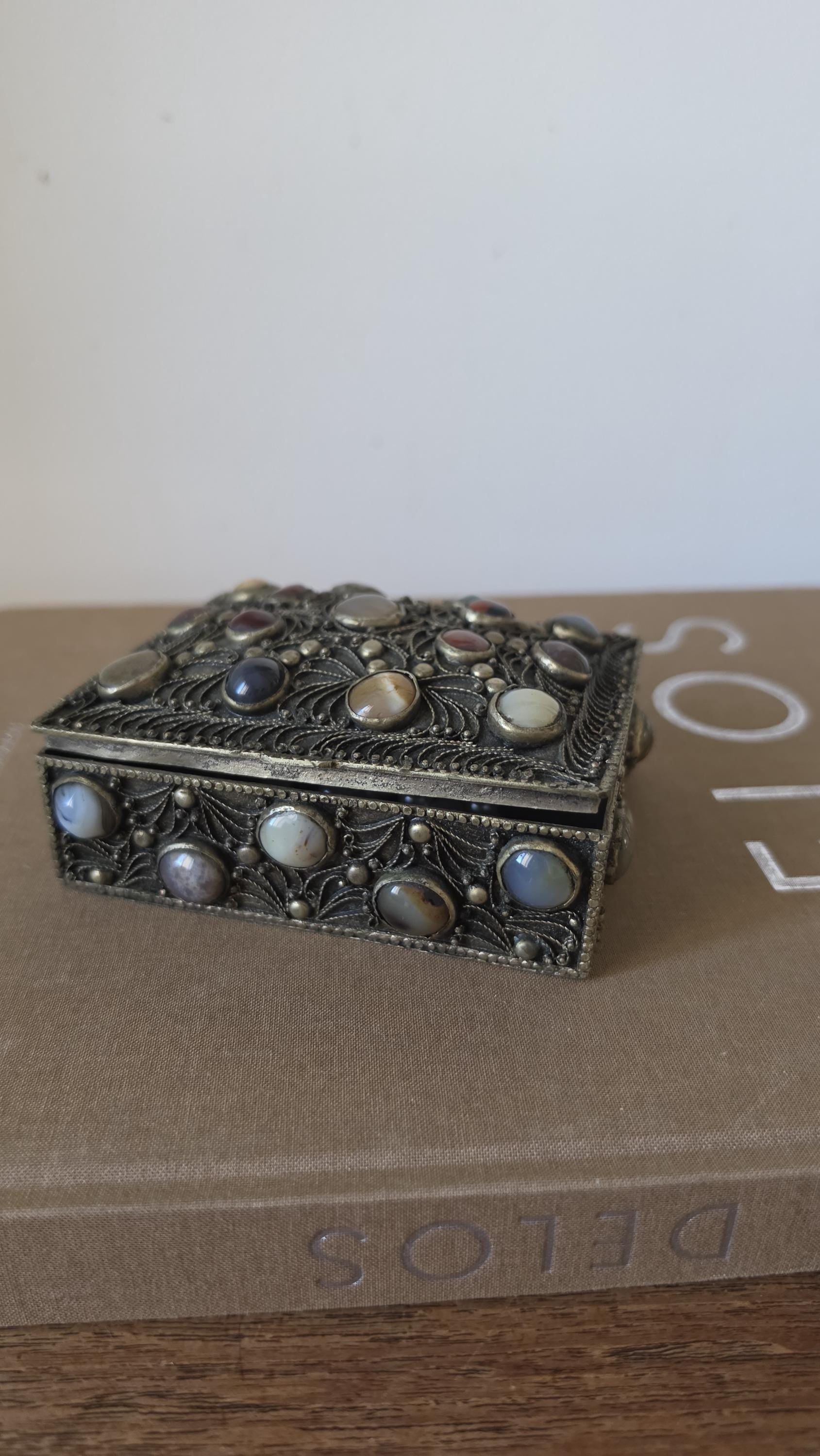 Antique Folk Art Silverplate Jewelry Box with Agate Cabochons, Vintage Trinket Box, Ornate Filigree Keepsake, Boho Global Decor