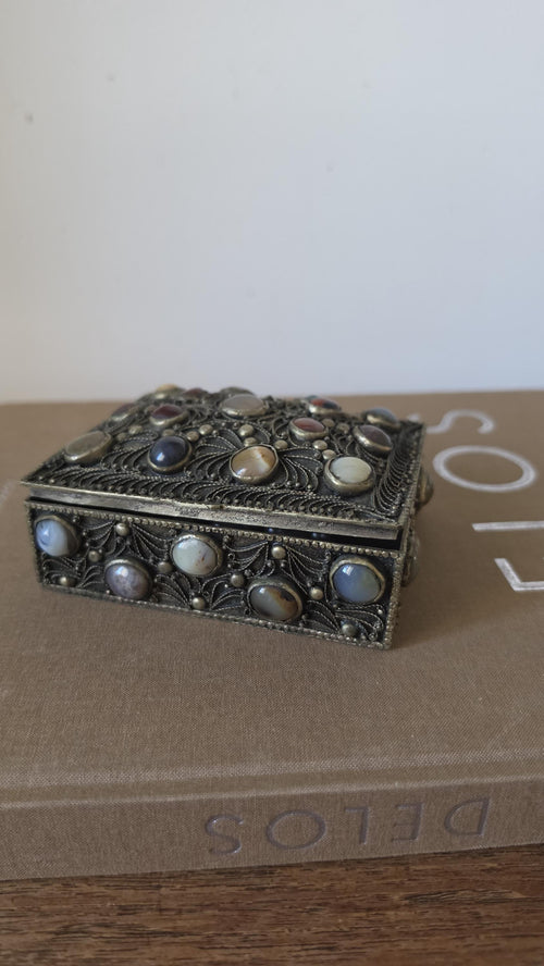 Antique Folk Art Silverplate Jewelry Box with Agate Cabochons, Vintage Trinket Box, Ornate Filigree Keepsake, Boho Global Decor