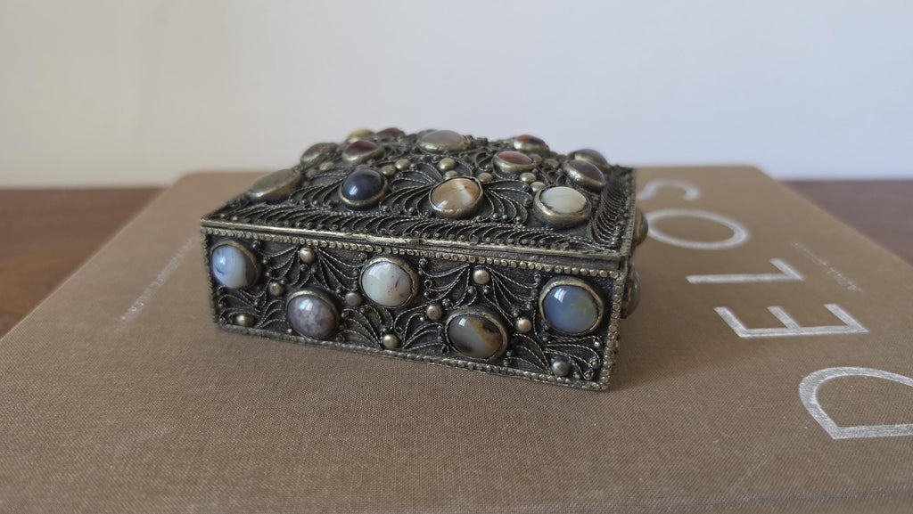Antique Folk Art Silverplate Jewelry Box with Agate Cabochons, Vintage Trinket Box, Ornate Filigree Keepsake, Boho Global Decor