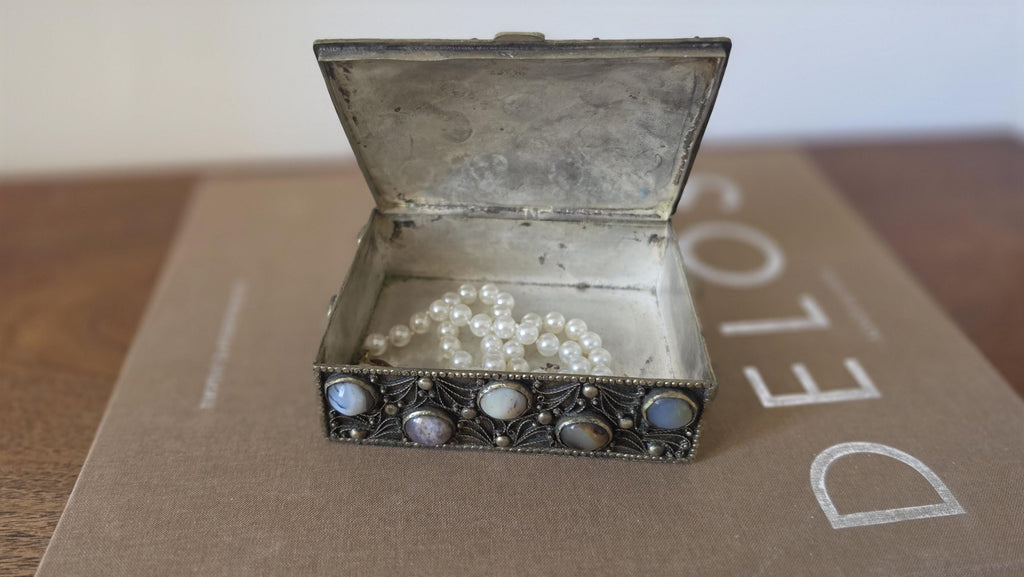 Antique Folk Art Silverplate Jewelry Box with Agate Cabochons, Vintage Trinket Box, Ornate Filigree Keepsake, Boho Global Decor