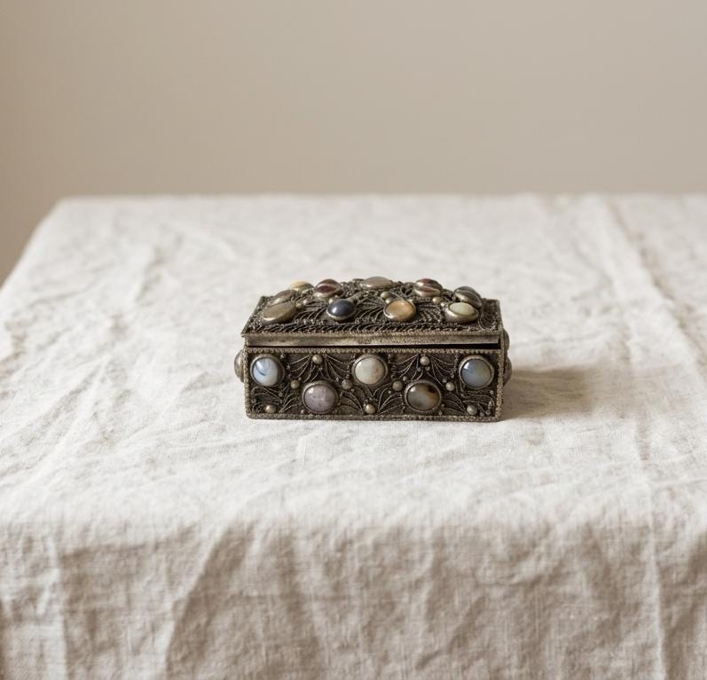 Antique Folk Art Silverplate Jewelry Box with Agate Cabochons