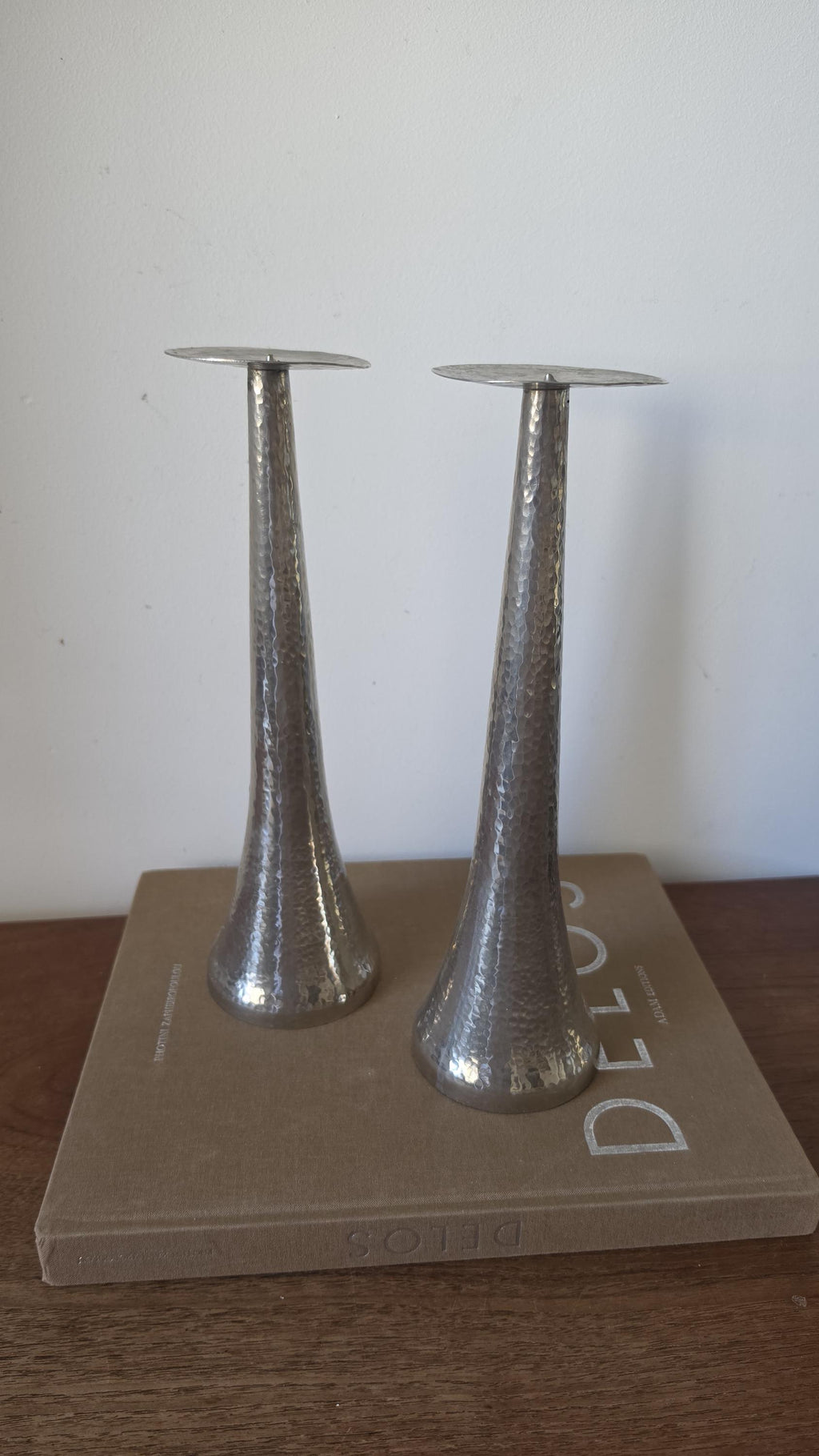 Tall Hammered Metal Candle Holders Pair, Silver Taper Candlesticks, Modern Sculptural Candle Stands, Elegant Table Decor
