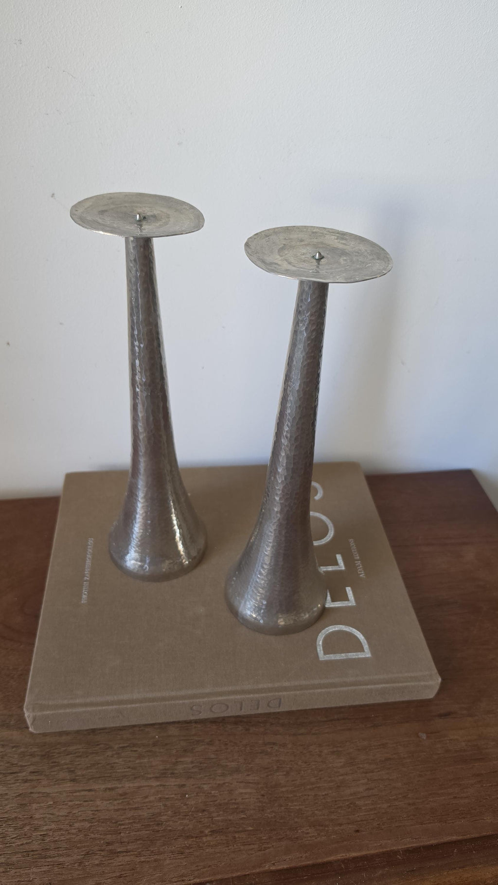 Tall Hammered Metal Candle Holders Pair, Silver Taper Candlesticks, Modern Sculptural Candle Stands, Elegant Table Decor
