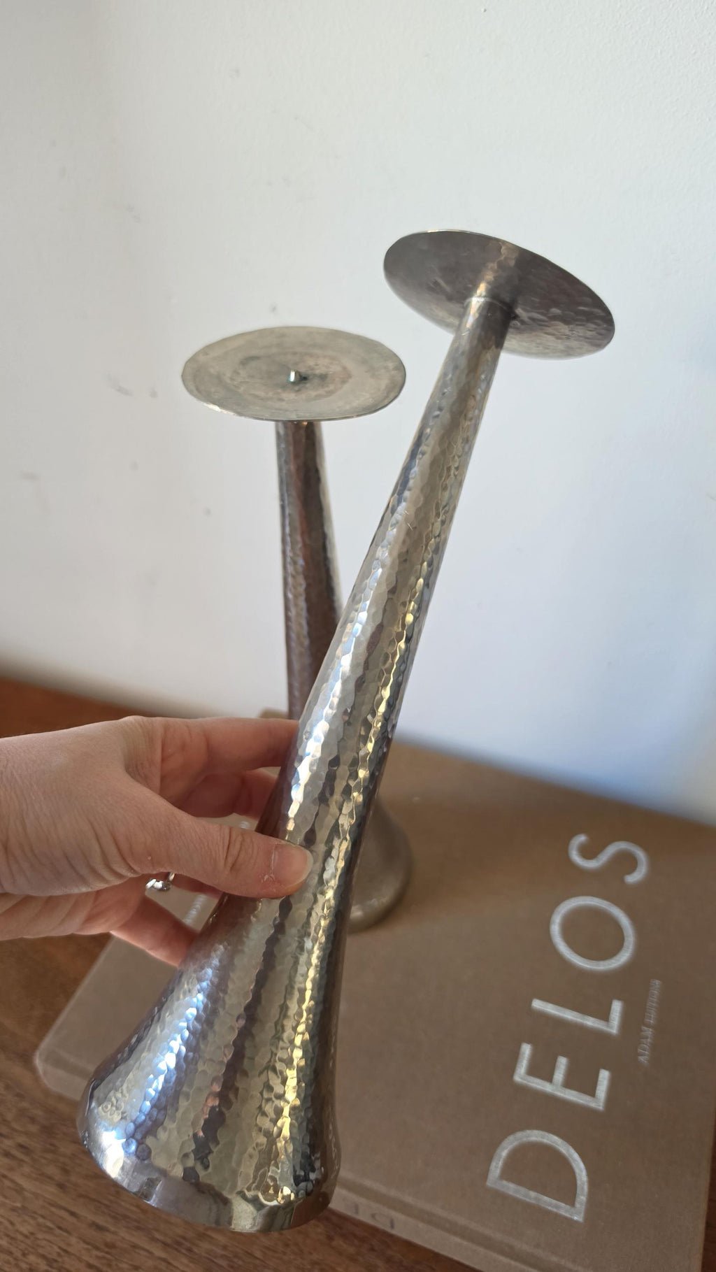 Tall Hammered Metal Candle Holders Pair, Silver Taper Candlesticks, Modern Sculptural Candle Stands, Elegant Table Decor