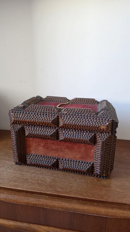 Antique Tramp Art Wooden Box, Hand Carved Folk Art Chest, Chip Carved Jewelry Box, Rustic Primitive Storage, Collectible Decor