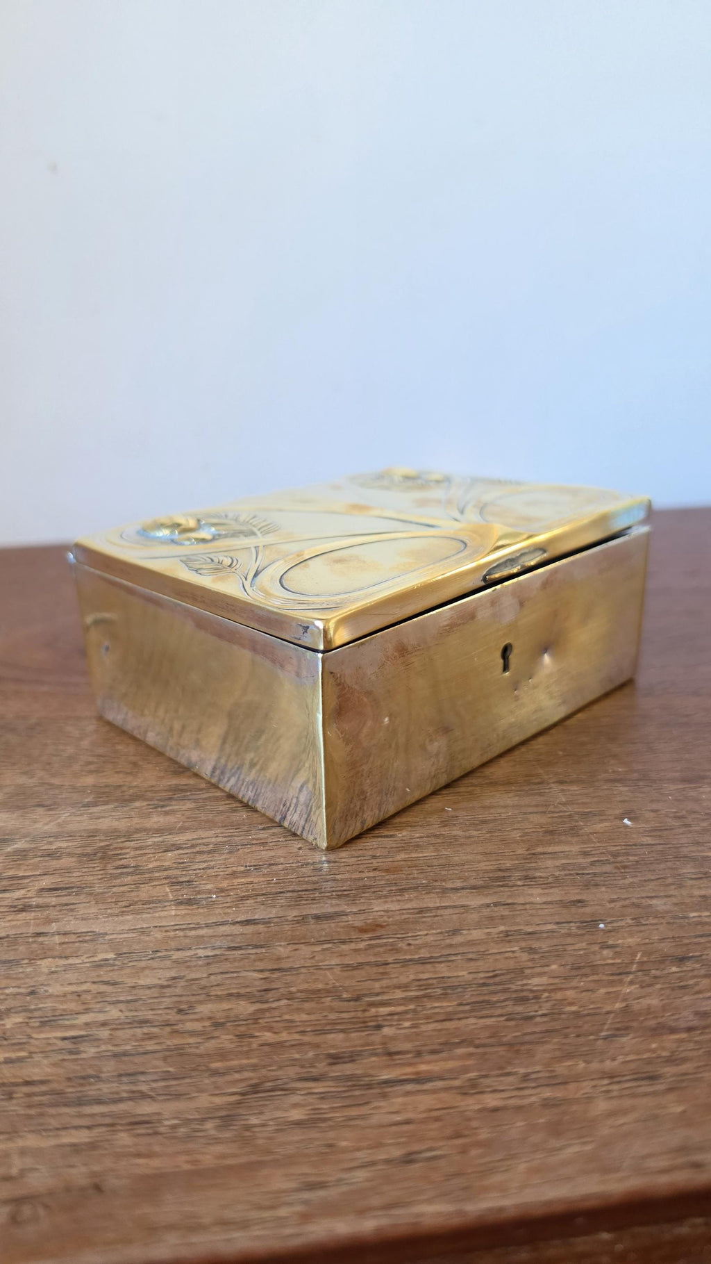 Art Nouveau Brass Jewelry Box, Floral Relief Trinket Box, Vintage Metal Keepsake Box, Lined Storage Chest, Hallmarked Base