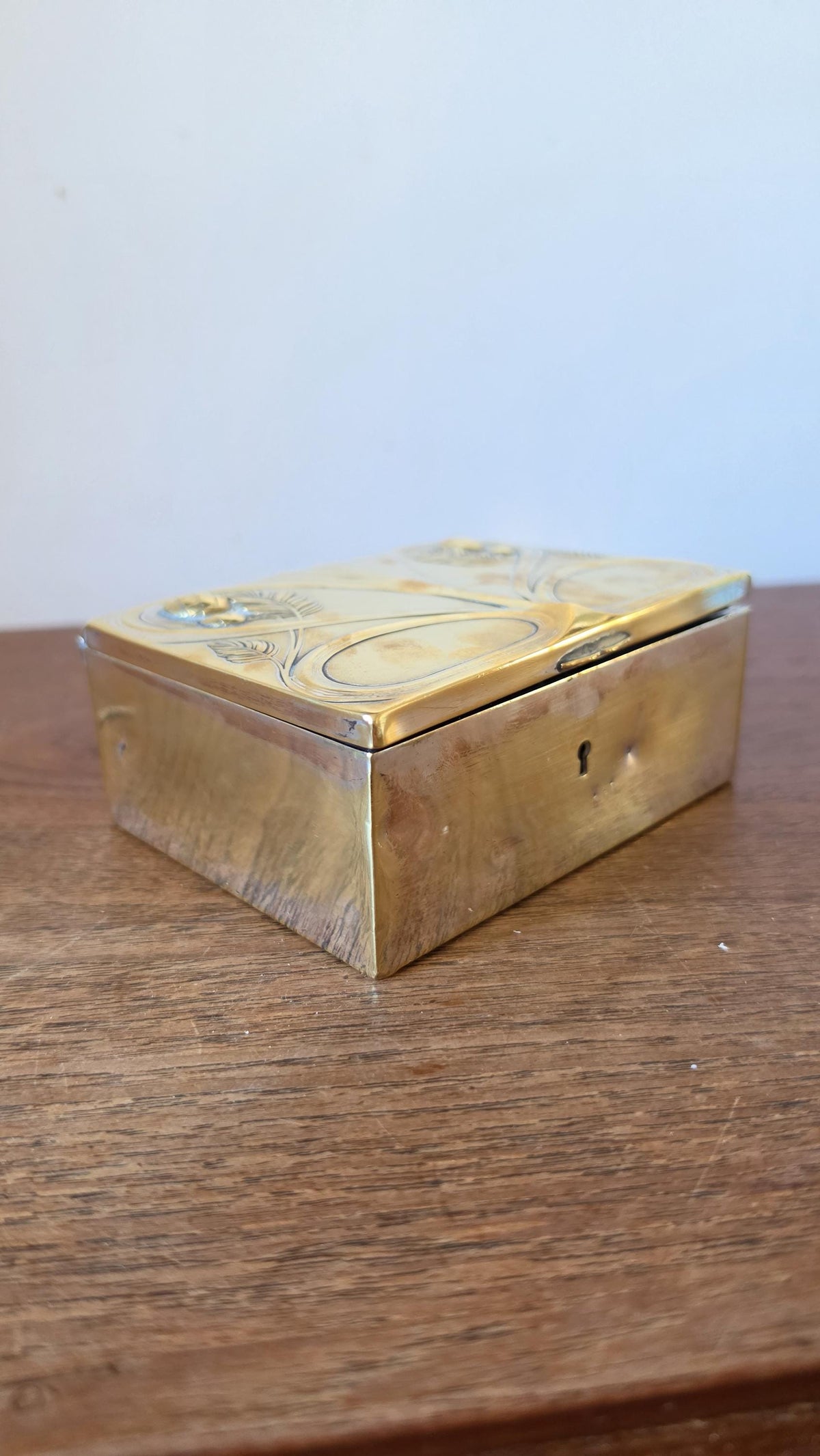 Art Nouveau Brass Jewelry Box, Floral Relief Trinket Box, Vintage Metal Keepsake Box, Lined Storage Chest, Hallmarked Base