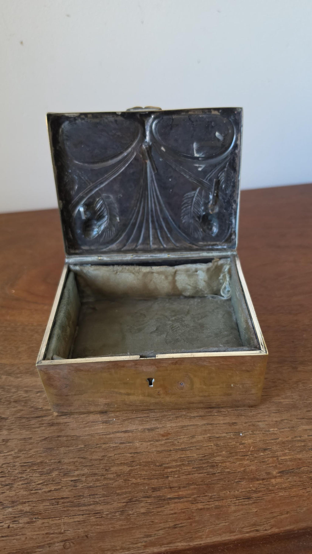 Art Nouveau Brass Jewelry Box, Floral Relief Trinket Box, Vintage Metal Keepsake Box, Lined Storage Chest, Hallmarked Base