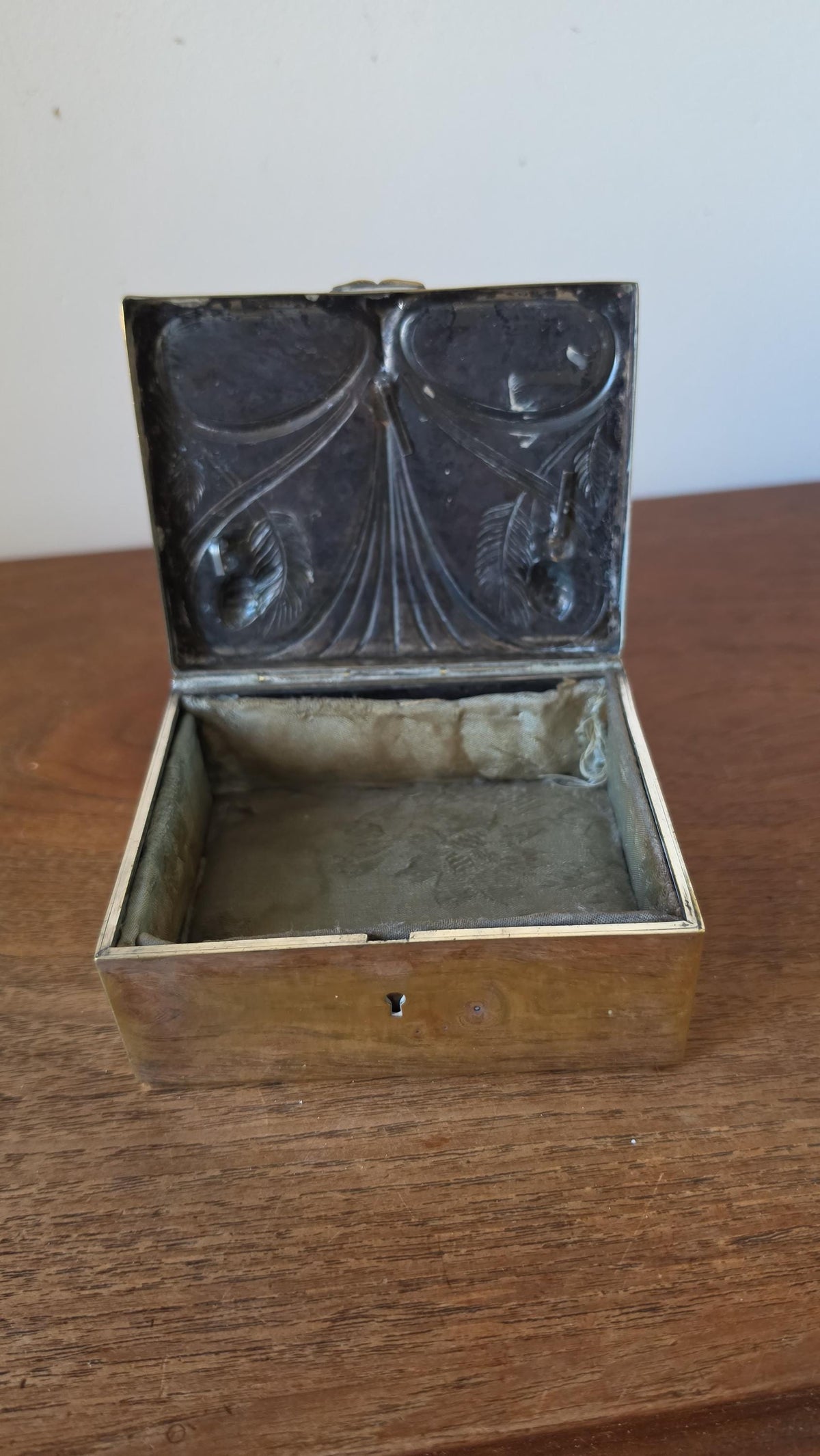 Art Nouveau Brass Jewelry Box, Floral Relief Trinket Box, Vintage Metal Keepsake Box, Lined Storage Chest, Hallmarked Base