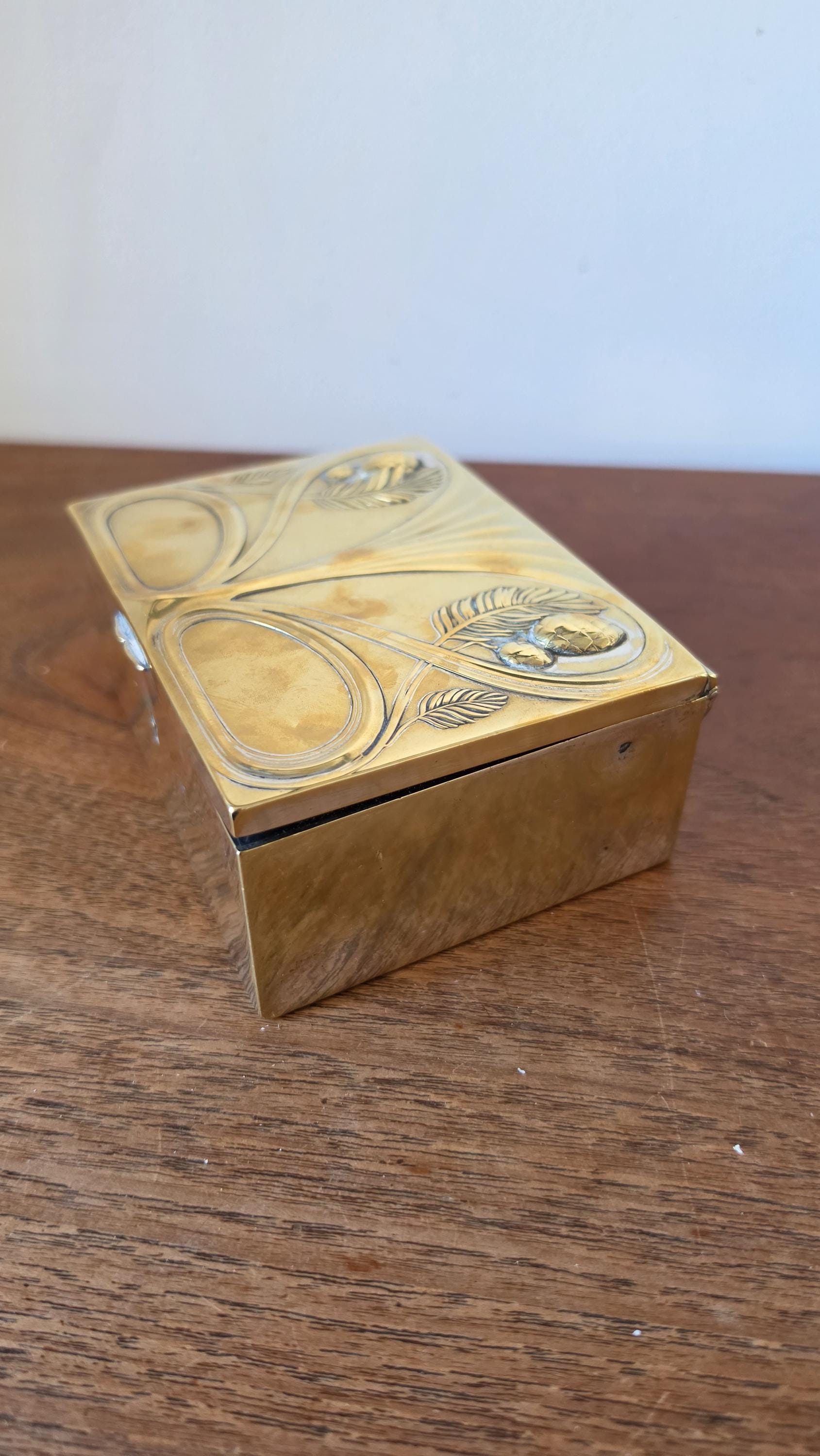Art Nouveau Brass Jewelry Box, Floral Relief Trinket Box, Vintage Metal Keepsake Box, Lined Storage Chest, Hallmarked Base
