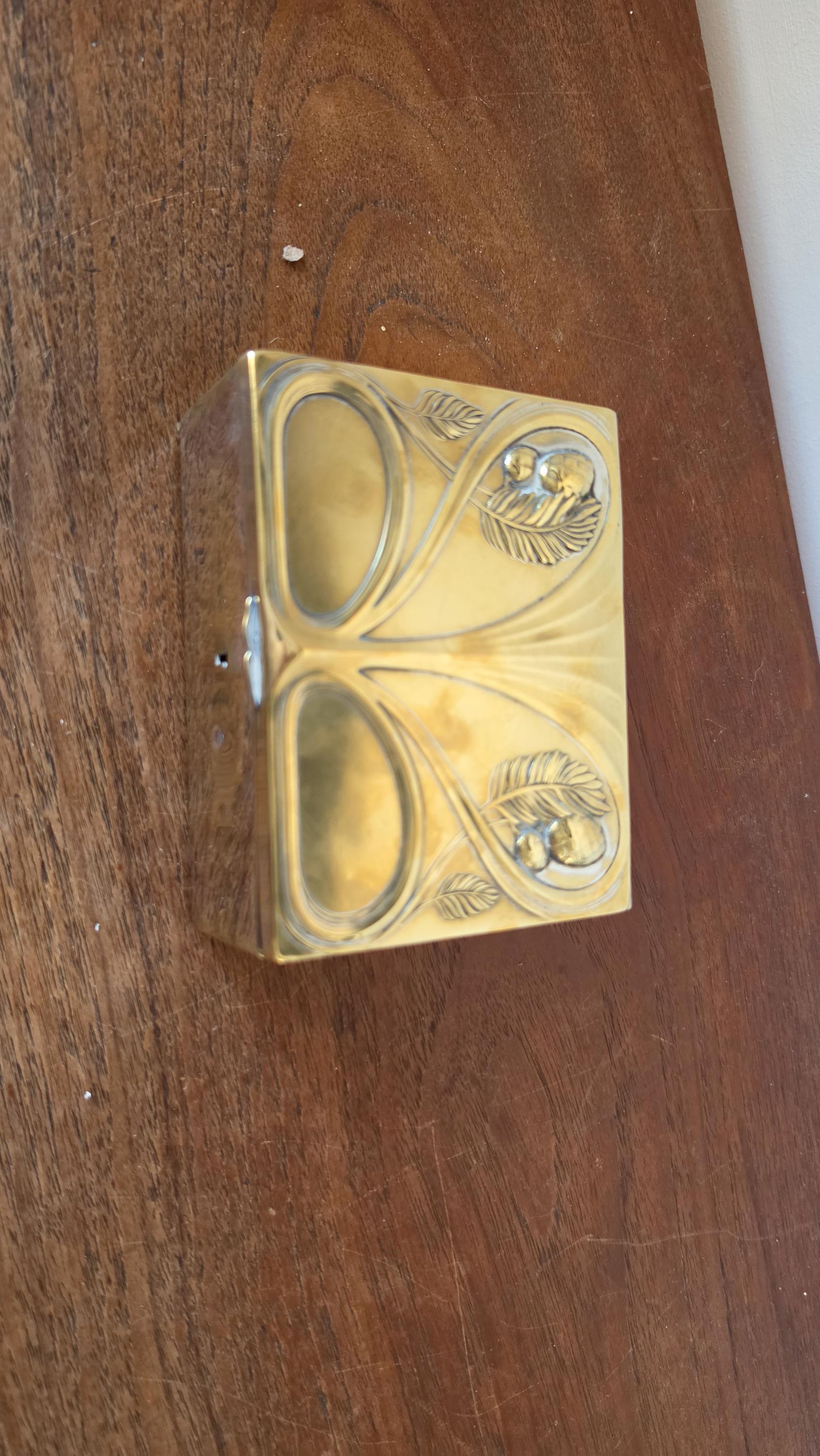 Art Nouveau Brass Jewelry Box, Floral Relief Trinket Box, Vintage Metal Keepsake Box, Lined Storage Chest, Hallmarked Base