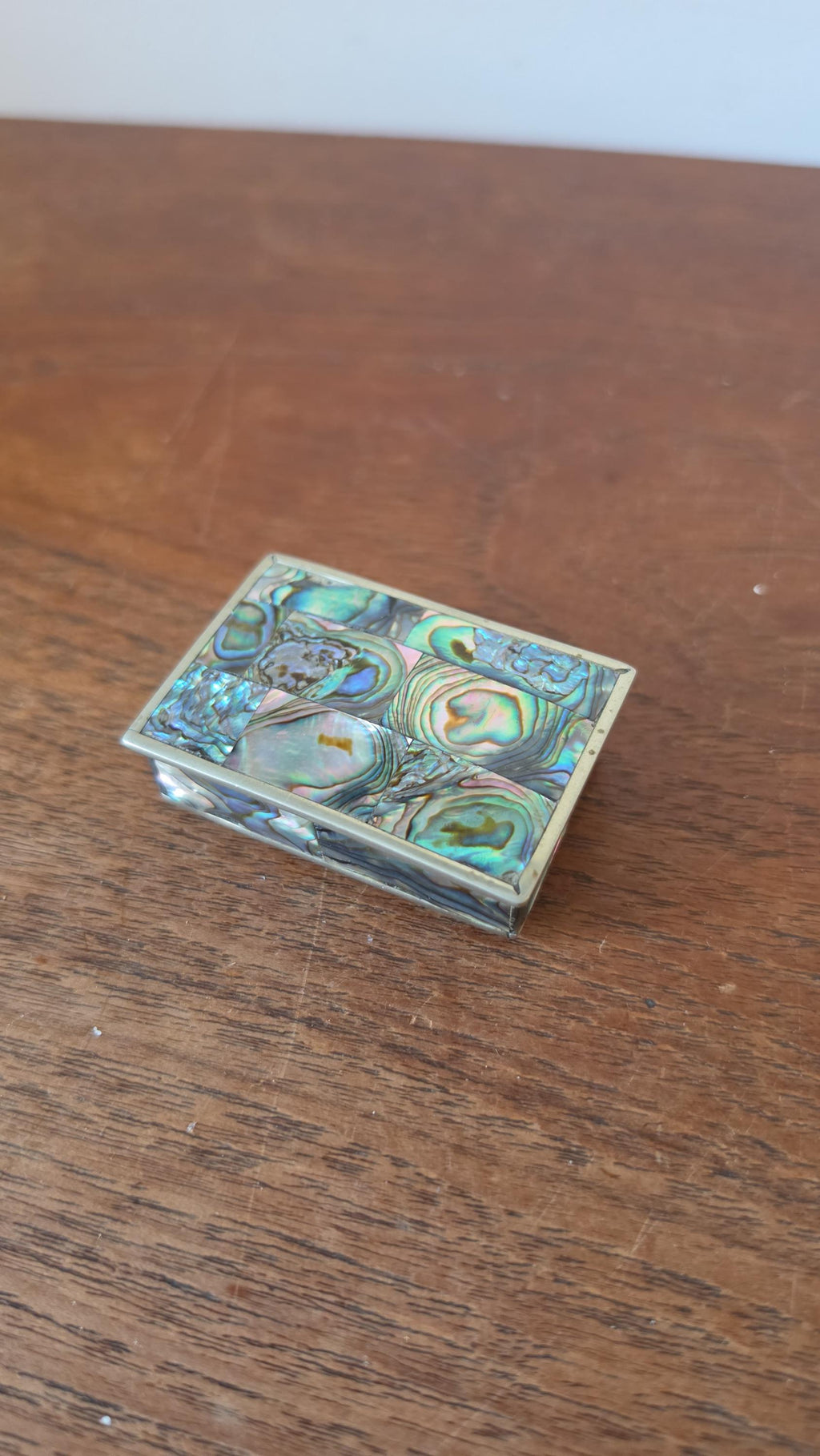 Vintage Abalone Shell Trinket Box, Mexican Mother of Pearl Jewelry Box, Small Brass Inlay Box, Iridescent Shell Keepsake Box