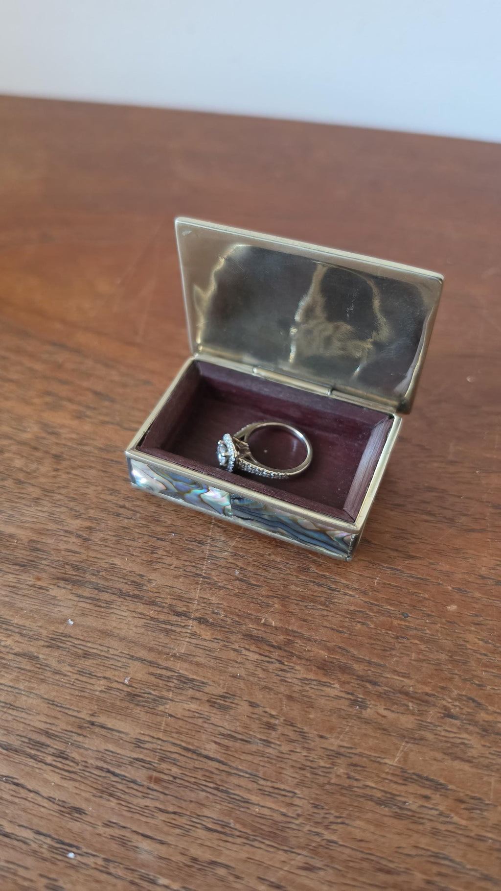 Vintage Abalone Shell Trinket Box, Mexican Mother of Pearl Jewelry Box, Small Brass Inlay Box, Iridescent Shell Keepsake Box