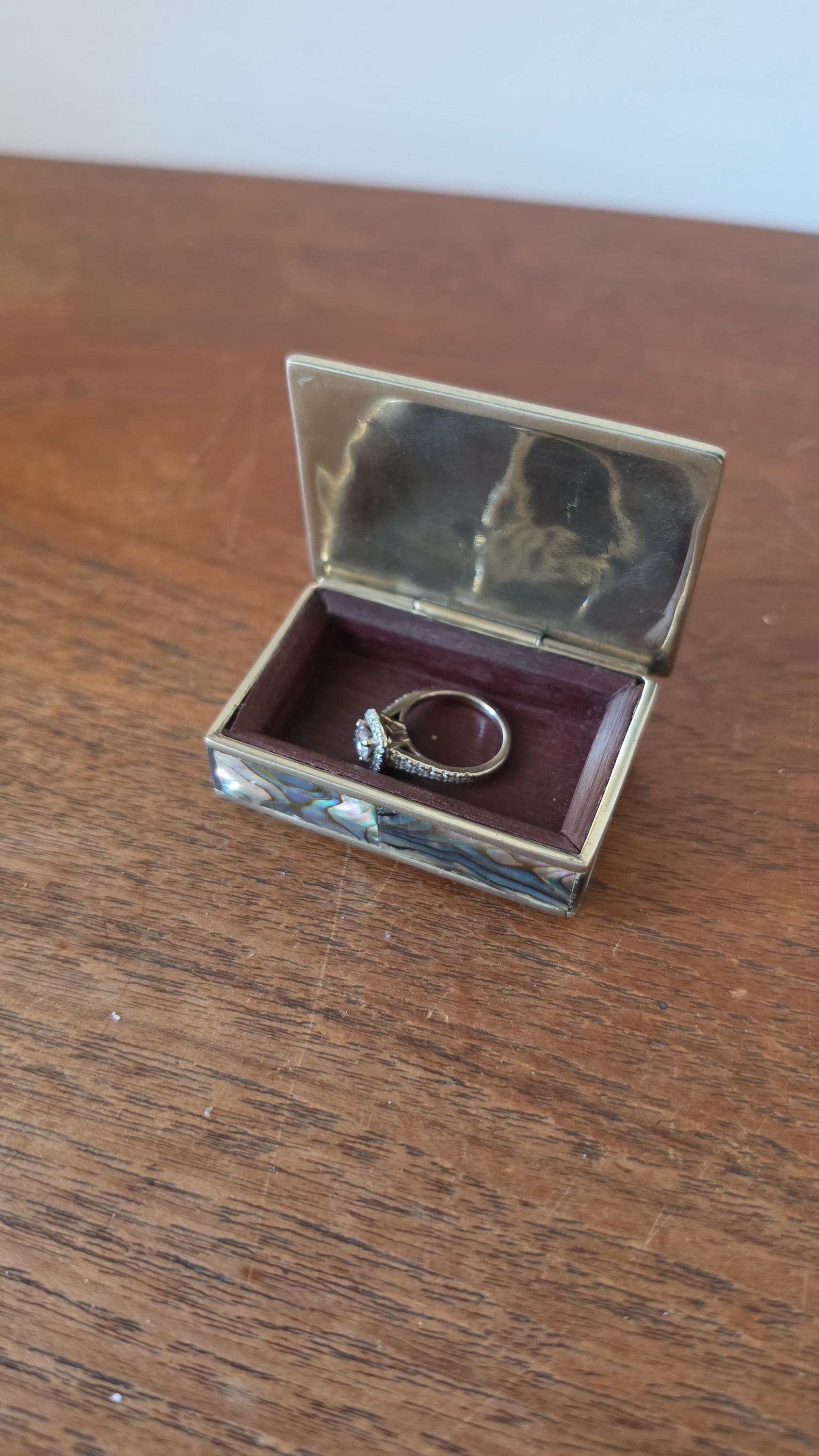 Vintage Abalone Shell Trinket Box, Mexican Mother of Pearl Jewelry Box, Small Brass Inlay Box, Iridescent Shell Keepsake Box