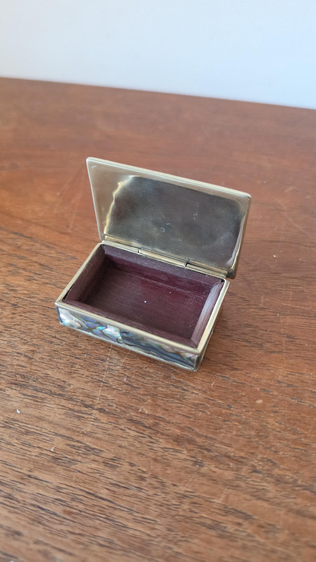 Vintage Abalone Shell Trinket Box, Mexican Mother of Pearl Jewelry Box, Small Brass Inlay Box, Iridescent Shell Keepsake Box