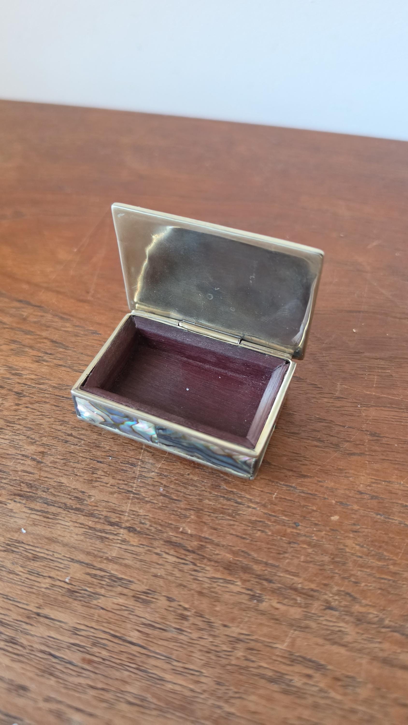 Vintage Abalone Shell Trinket Box, Mexican Mother of Pearl Jewelry Box, Small Brass Inlay Box, Iridescent Shell Keepsake Box