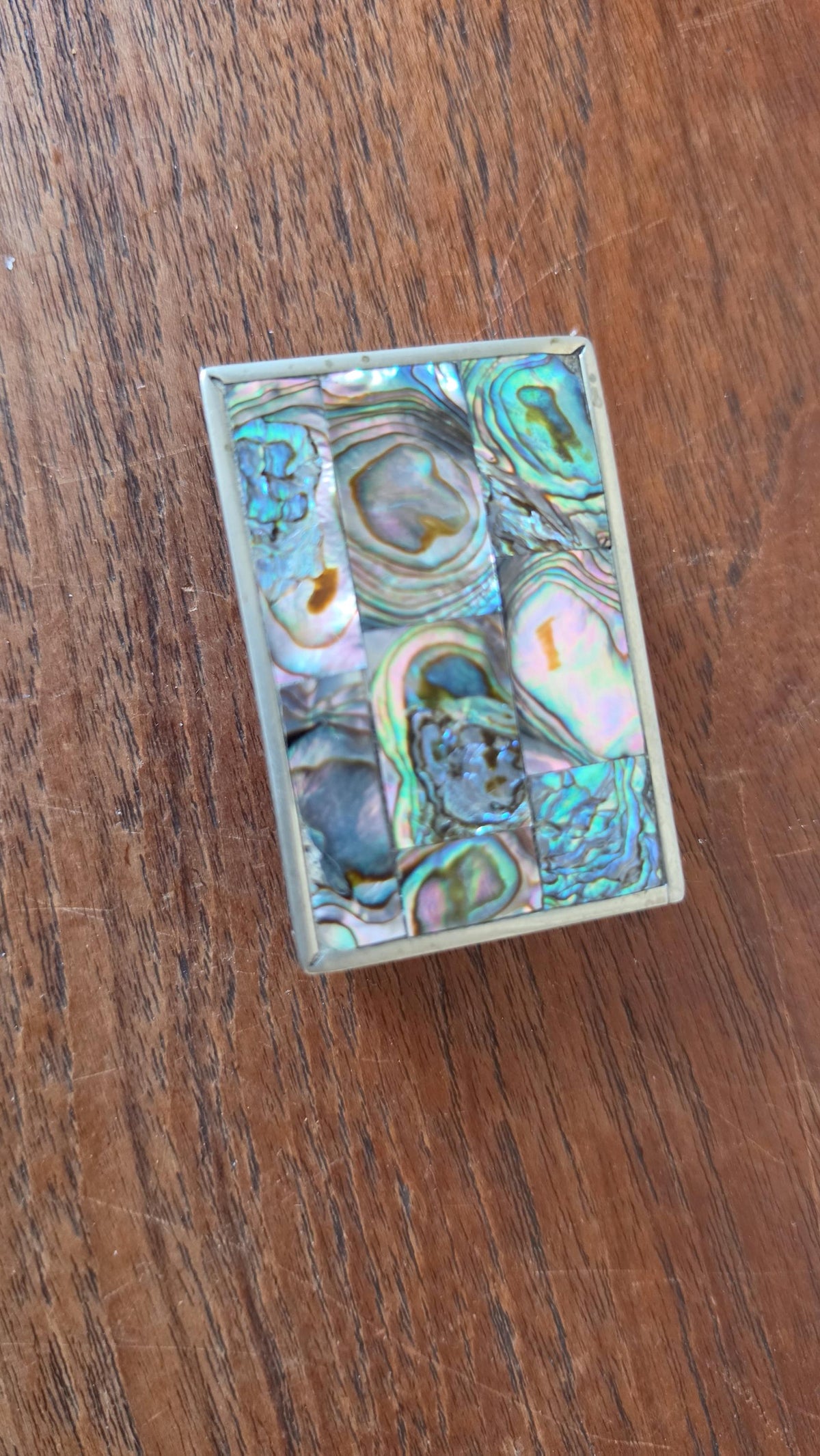 Vintage Abalone Shell Trinket Box, Mexican Mother of Pearl Jewelry Box, Small Brass Inlay Box, Iridescent Shell Keepsake Box