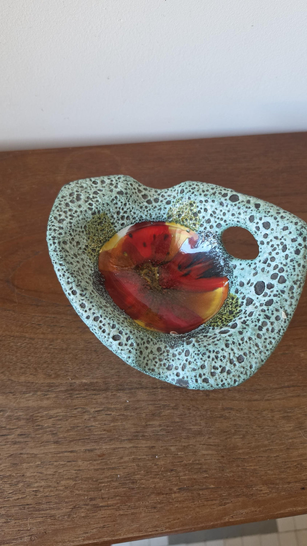 Vintage Vallauris Style Lava Glaze Bowl, Mid Century French Art Pottery Dish, Turquoise Speckled Ceramic with Red Center