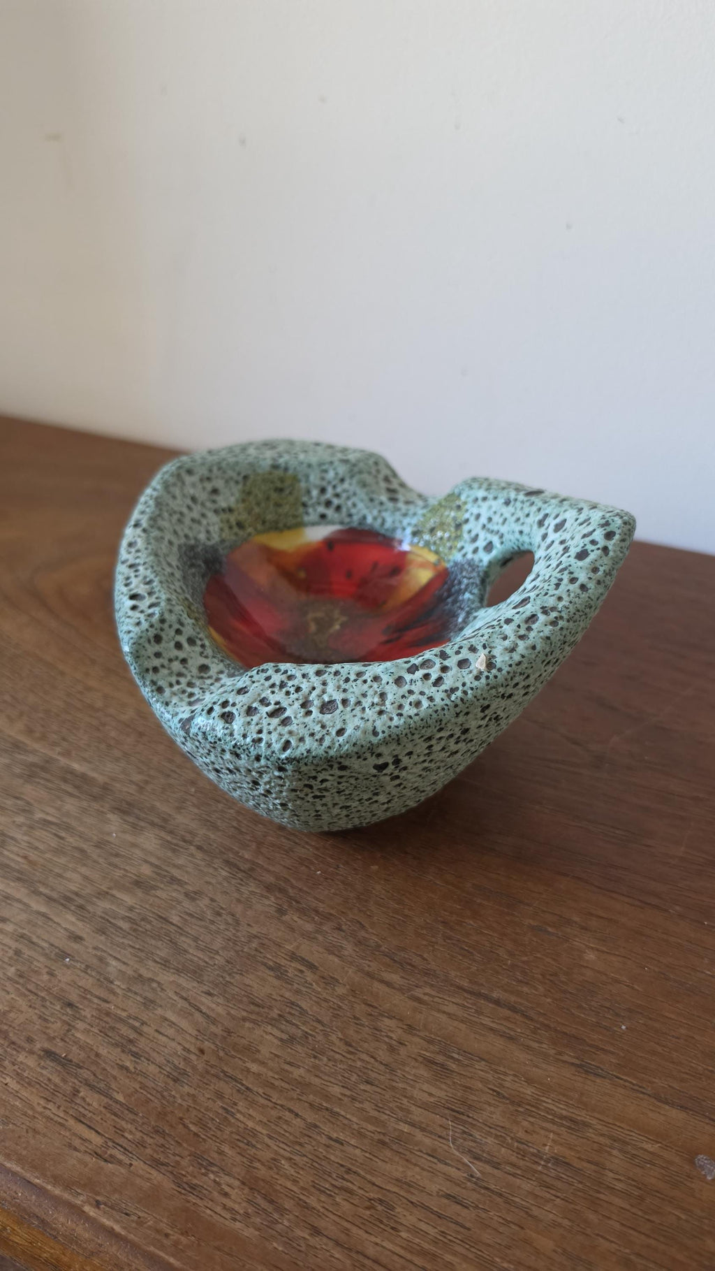 Vintage Vallauris Style Lava Glaze Bowl, Mid Century French Art Pottery Dish, Turquoise Speckled Ceramic with Red Center