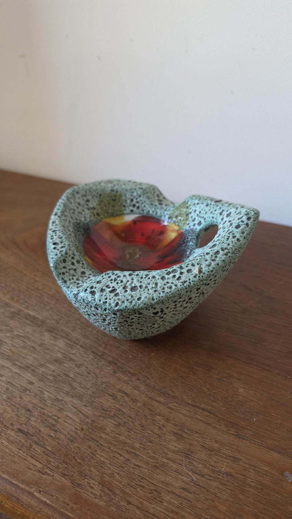 Vintage Vallauris Style Lava Glaze Bowl, Mid Century French Art Pottery Dish, Turquoise Speckled Ceramic with Red Center