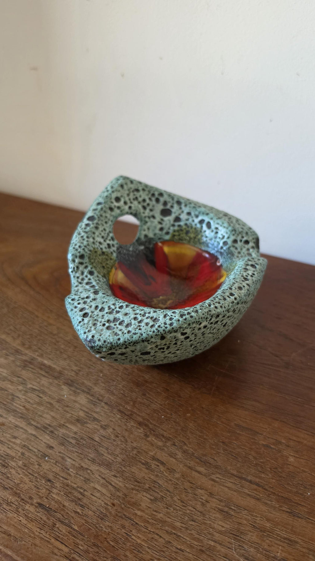 Vintage Vallauris Style Lava Glaze Bowl, Mid Century French Art Pottery Dish, Turquoise Speckled Ceramic with Red Center