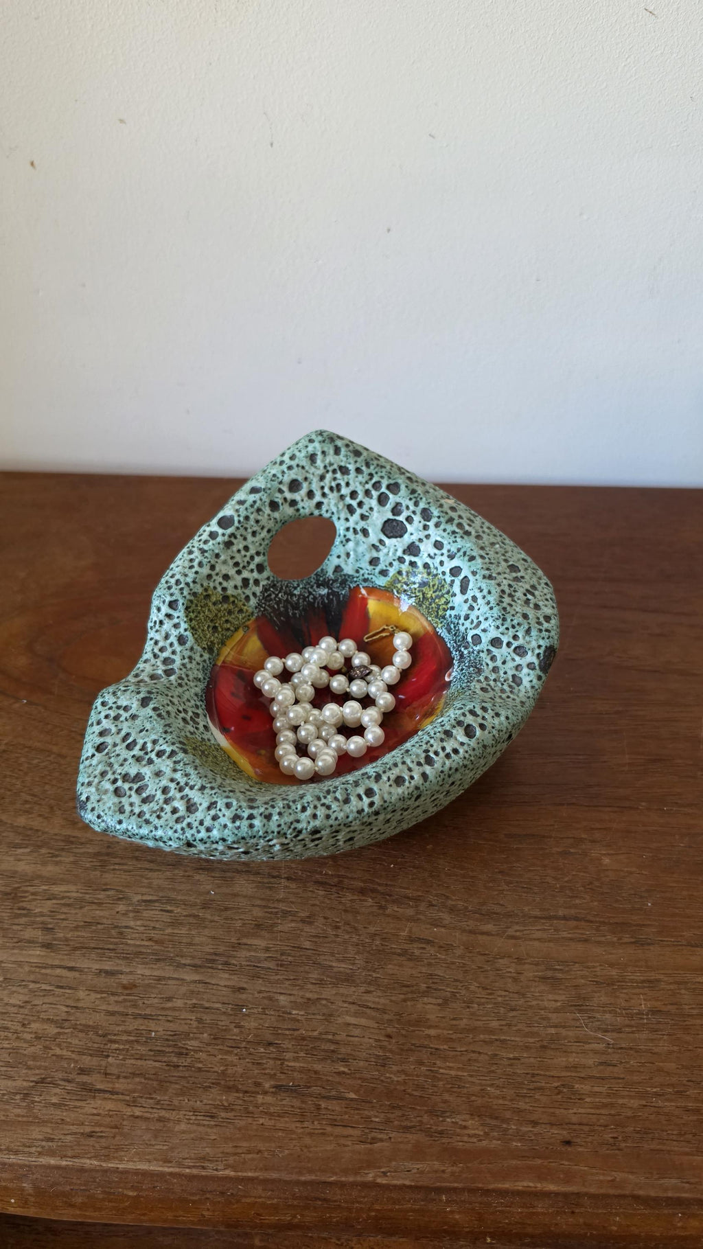 Vintage Vallauris Style Lava Glaze Bowl, Mid Century French Art Pottery Dish, Turquoise Speckled Ceramic with Red Center