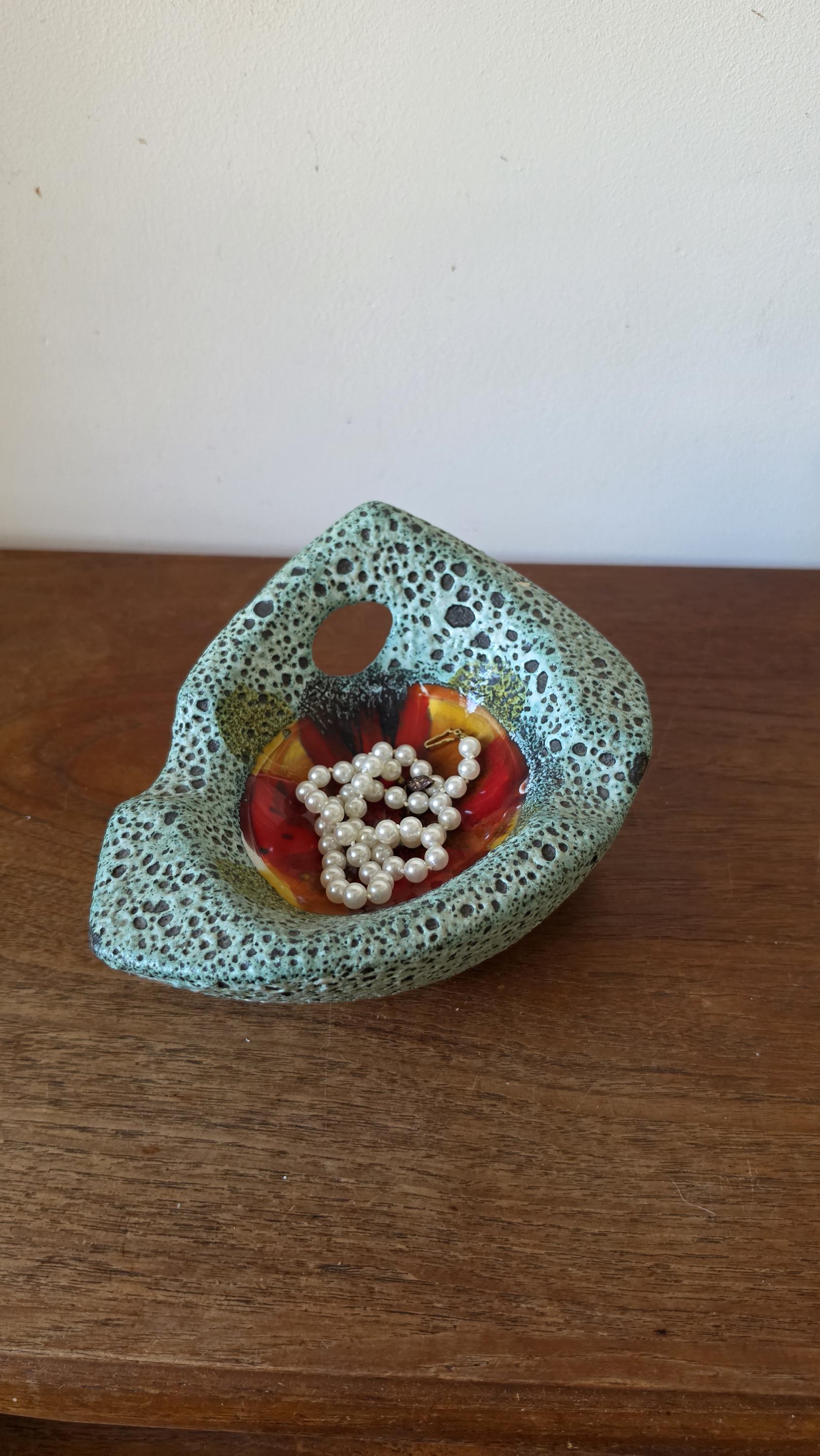Vintage Vallauris Style Lava Glaze Bowl, Mid Century French Art Pottery Dish, Turquoise Speckled Ceramic with Red Center