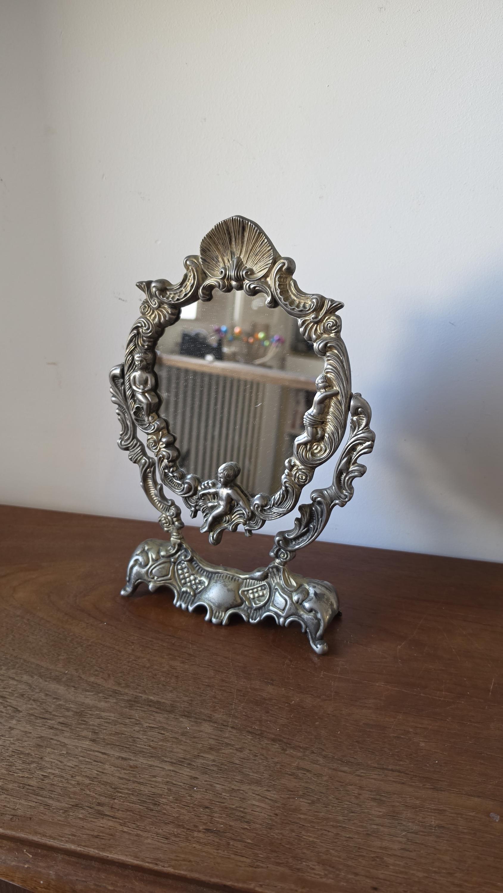 Vintage Ornate Cherub Vanity Mirror, Baroque Style Table Mirror, Silver Tone Dressing Mirror, Romantic Boudoir Decor