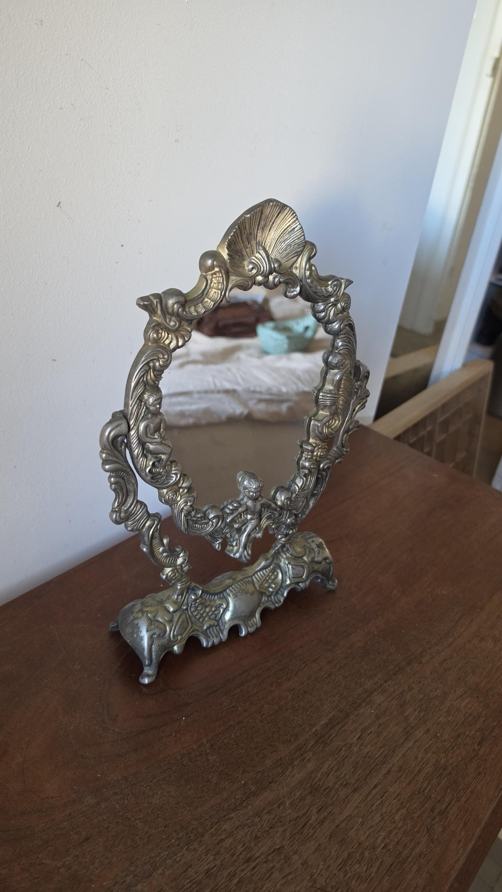 Vintage Ornate Cherub Vanity Mirror, Baroque Style Table Mirror, Silver Tone Dressing Mirror, Romantic Boudoir Decor