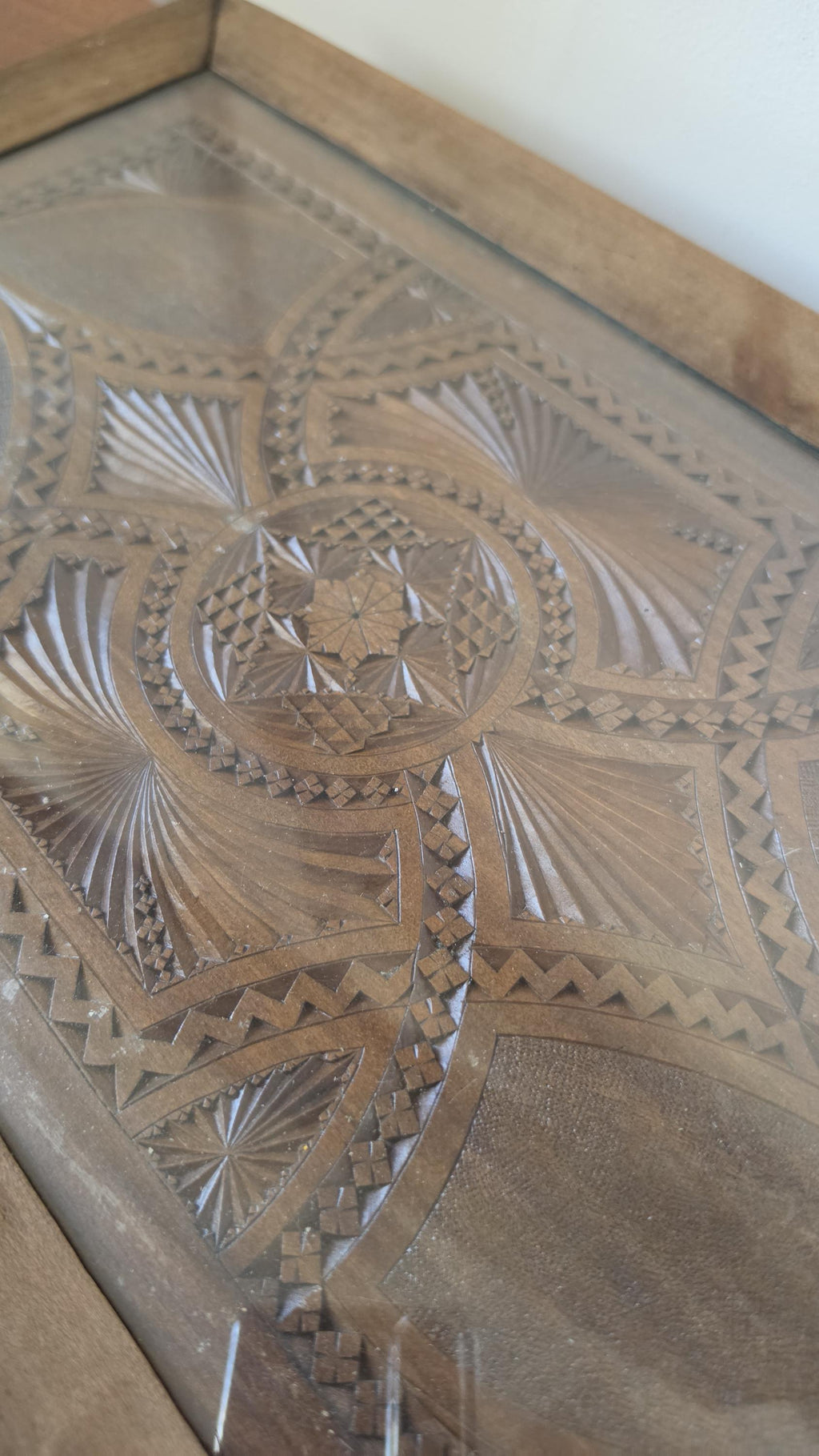 Vintage Hand Carved Wooden Tray with glass inlay , Folk Art Serving Tray with Handles, Rustic Boho Decor, Geometric Wood Platter,
