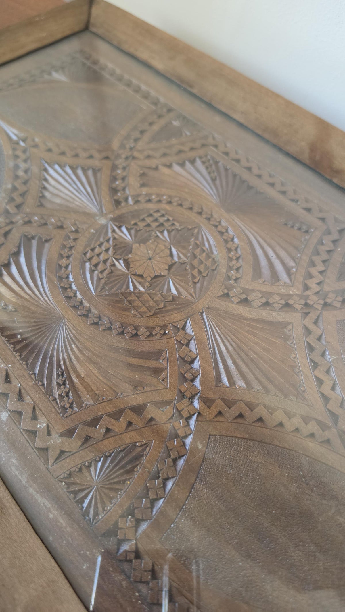 Vintage Hand Carved Wooden Tray with glass inlay , Folk Art Serving Tray with Handles, Rustic Boho Decor, Geometric Wood Platter,