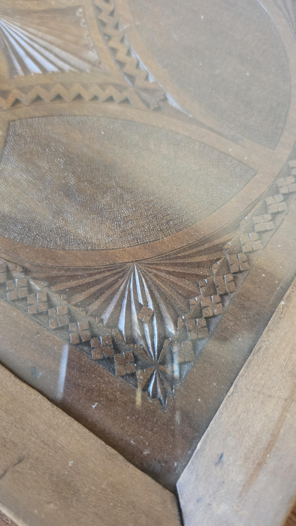 Vintage Hand Carved Wooden Tray with glass inlay , Folk Art Serving Tray with Handles, Rustic Boho Decor, Geometric Wood Platter,