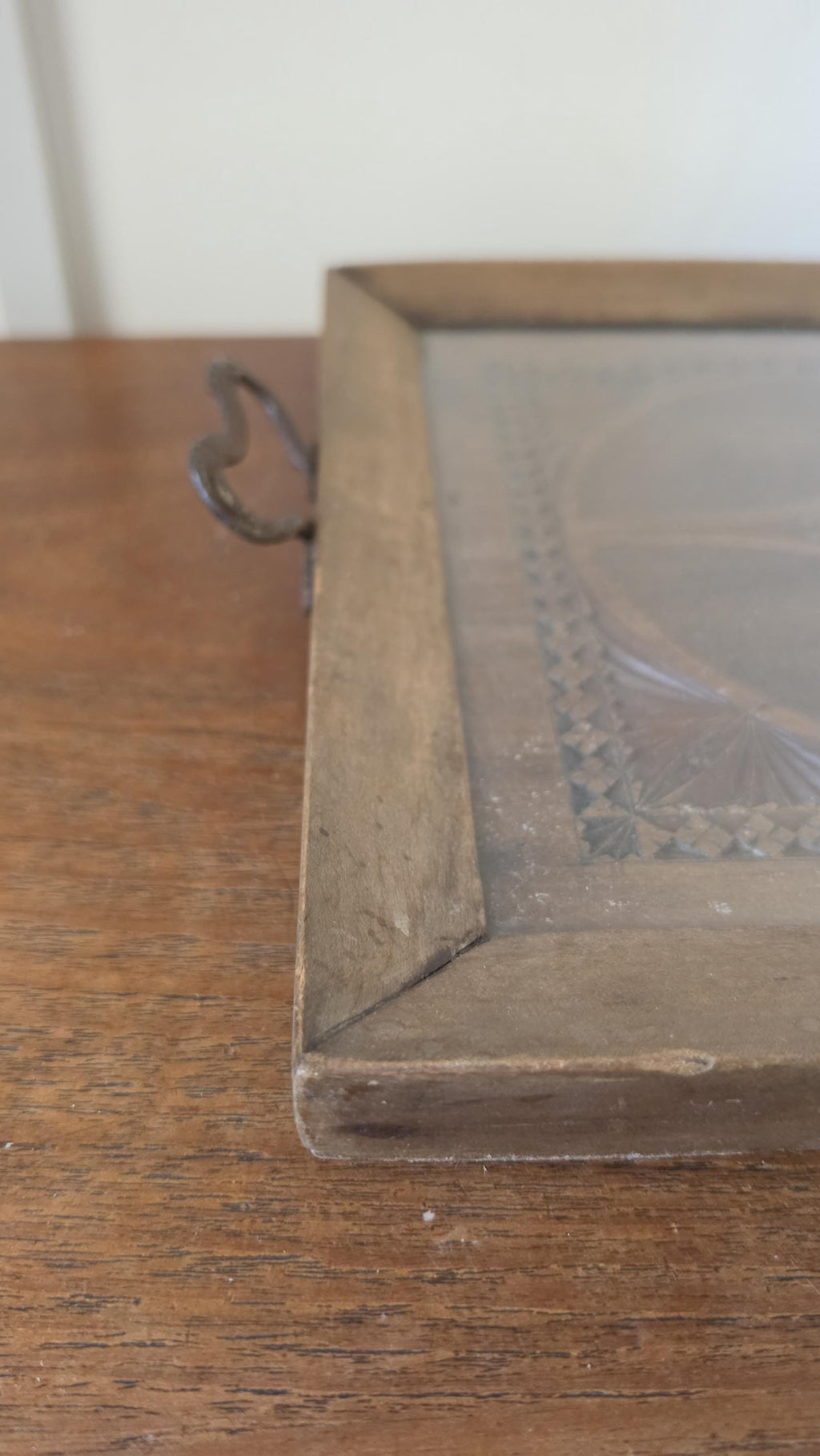 Vintage Hand Carved Wooden Tray with glass inlay , Folk Art Serving Tray with Handles, Rustic Boho Decor, Geometric Wood Platter,