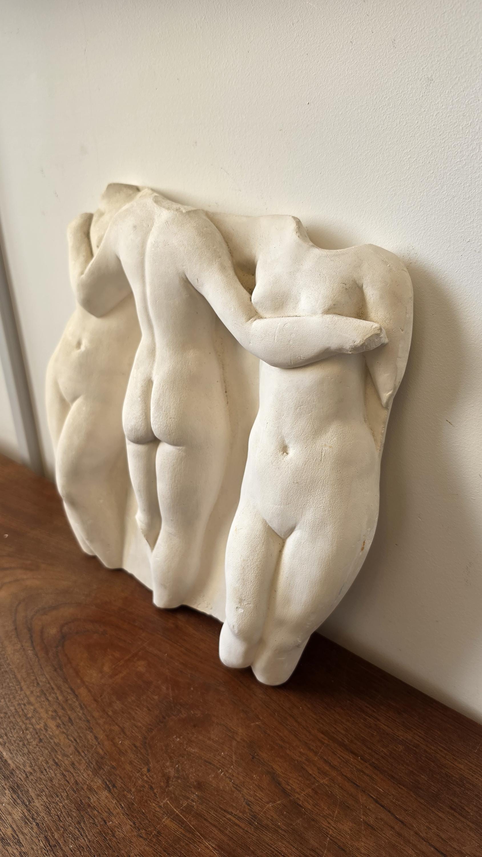 Vintage Plaster Nude Relief Sculpture, Three Graces Wall Art, Figurative Female Body Wall Hanging, Mid Century Modern Art Decor