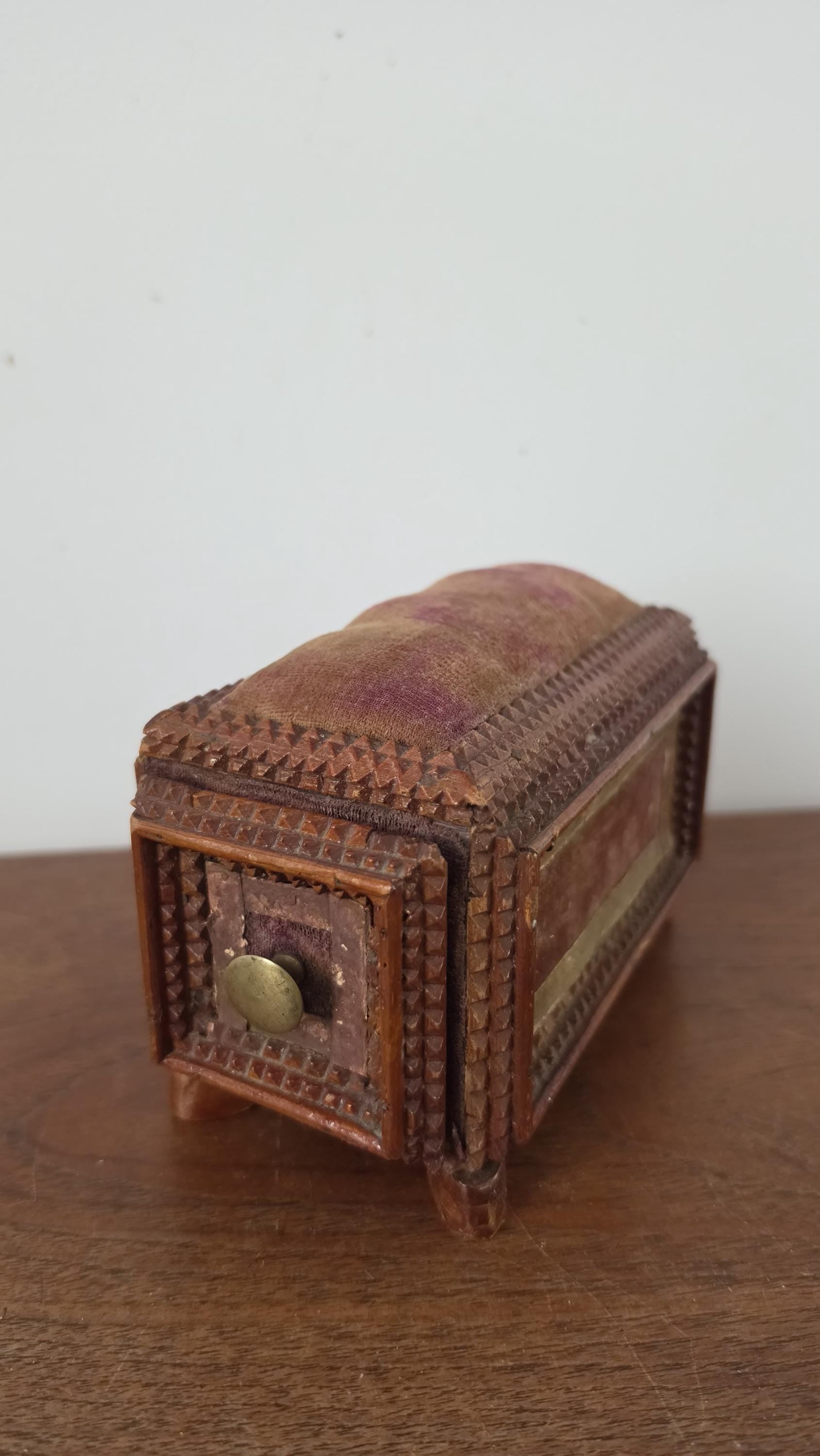 Vintage Tramp Art Style Wooden Jewelry Box, Hand Carved Folk Art Trinket Chest with Drawer, Rustic Primitive Storage Box