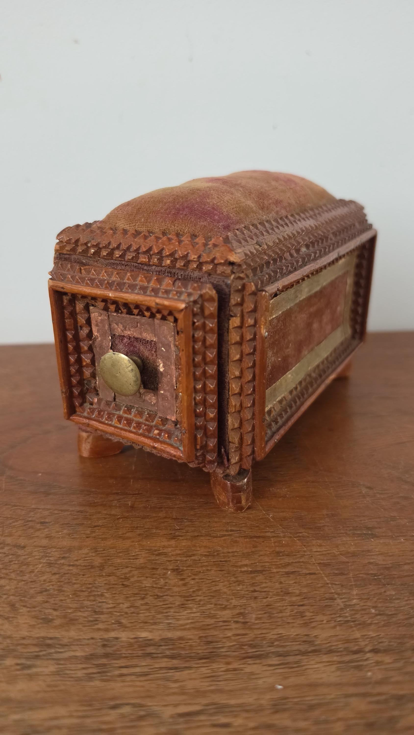 Vintage Tramp Art Style Wooden Jewelry Box, Hand Carved Folk Art Trinket Chest with Drawer, Rustic Primitive Storage Box
