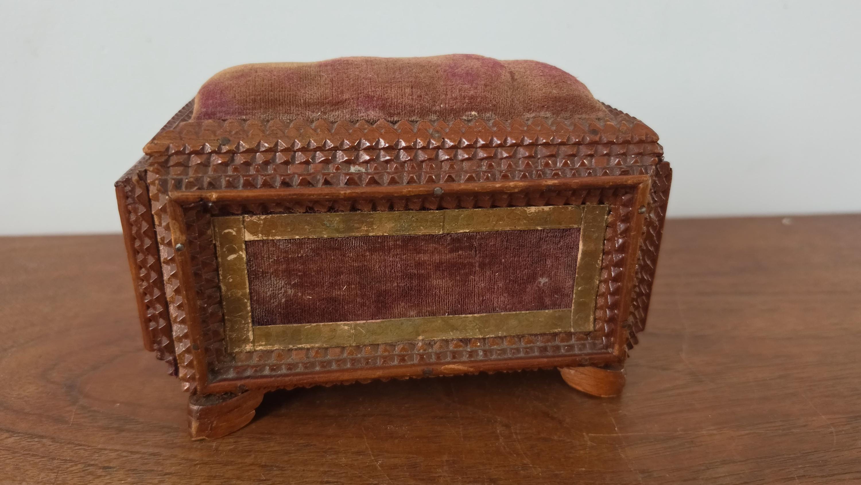 Vintage Tramp Art Style Wooden Jewelry Box, Hand Carved Folk Art Trinket Chest with Drawer, Rustic Primitive Storage Box