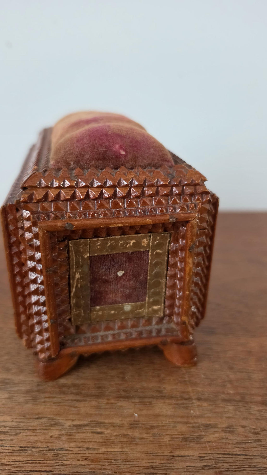 Vintage Tramp Art Style Wooden Jewelry Box, Hand Carved Folk Art Trinket Chest with Drawer, Rustic Primitive Storage Box