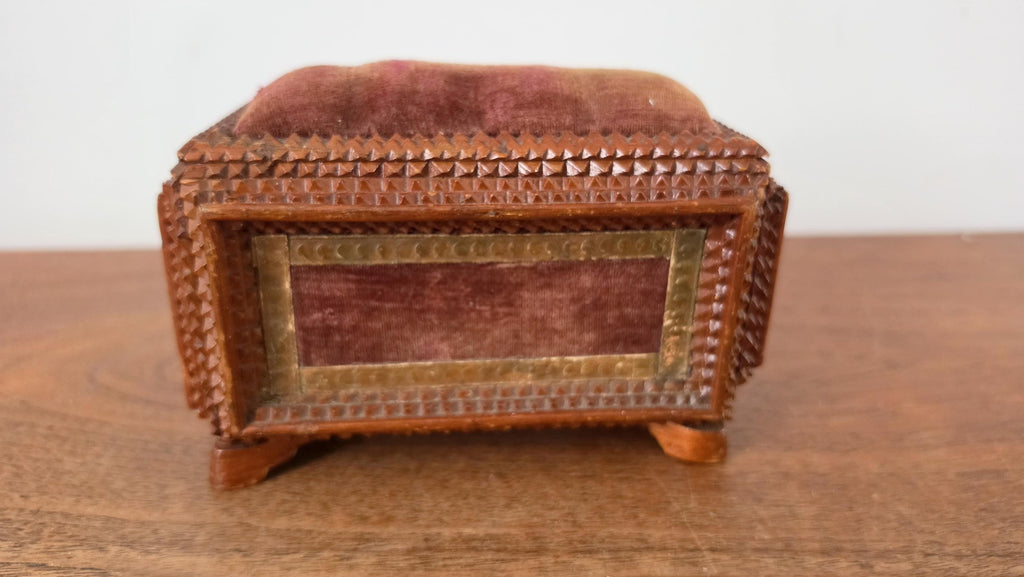 Vintage Tramp Art Style Wooden Jewelry Box, Hand Carved Folk Art Trinket Chest with Drawer, Rustic Primitive Storage Box