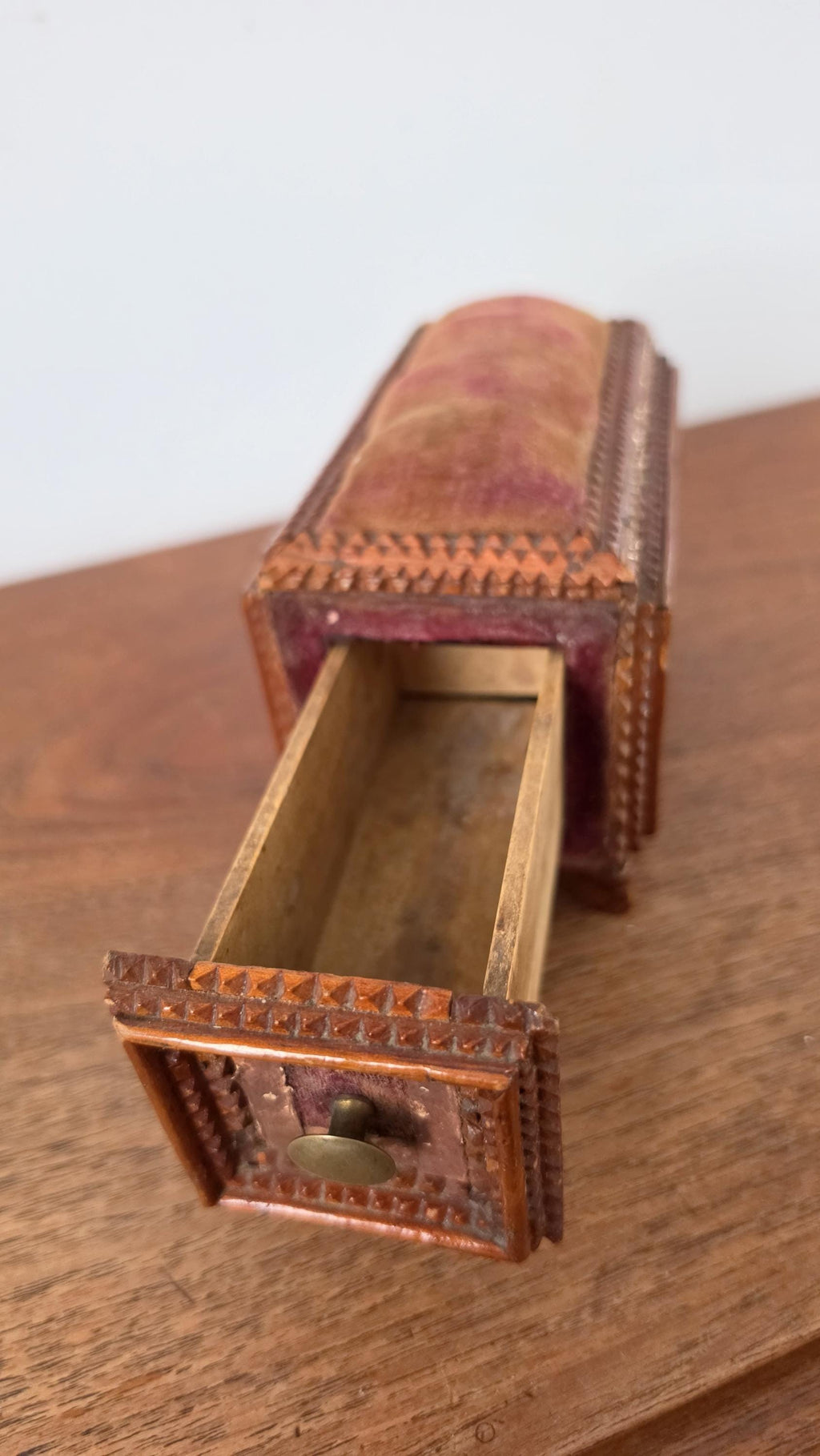 Vintage Tramp Art Style Wooden Jewelry Box, Hand Carved Folk Art Trinket Chest with Drawer, Rustic Primitive Storage Box