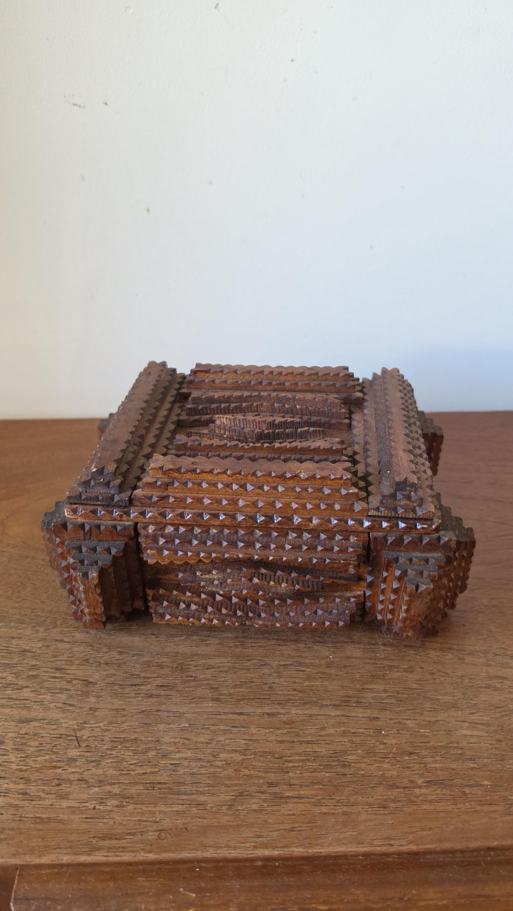 Vintage Tramp Art Wooden Box, Hand Carved Folk Art Jewelry Box, Layered Chip Carved Rustic Storage Box, Primitive Decor