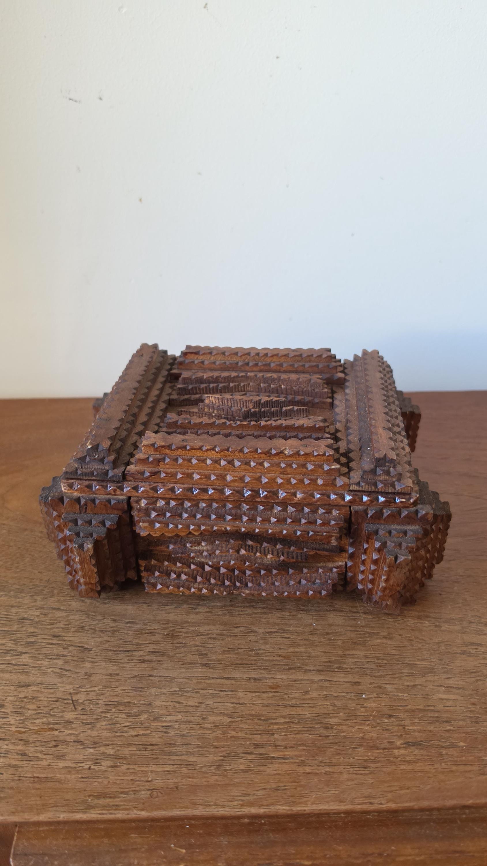 Vintage Tramp Art Wooden Box, Hand Carved Folk Art Jewelry Box, Layered Chip Carved Rustic Storage Box, Primitive Decor