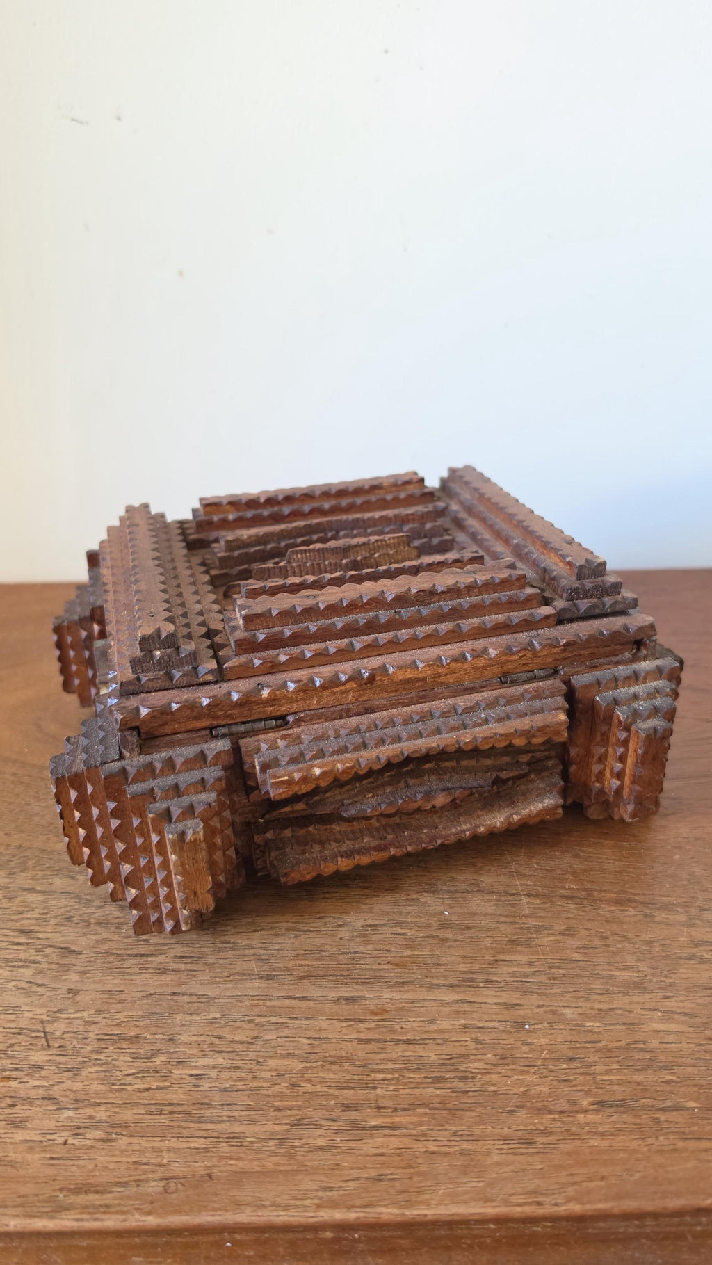 Vintage Tramp Art Wooden Box, Hand Carved Folk Art Jewelry Box, Layered Chip Carved Rustic Storage Box, Primitive Decor