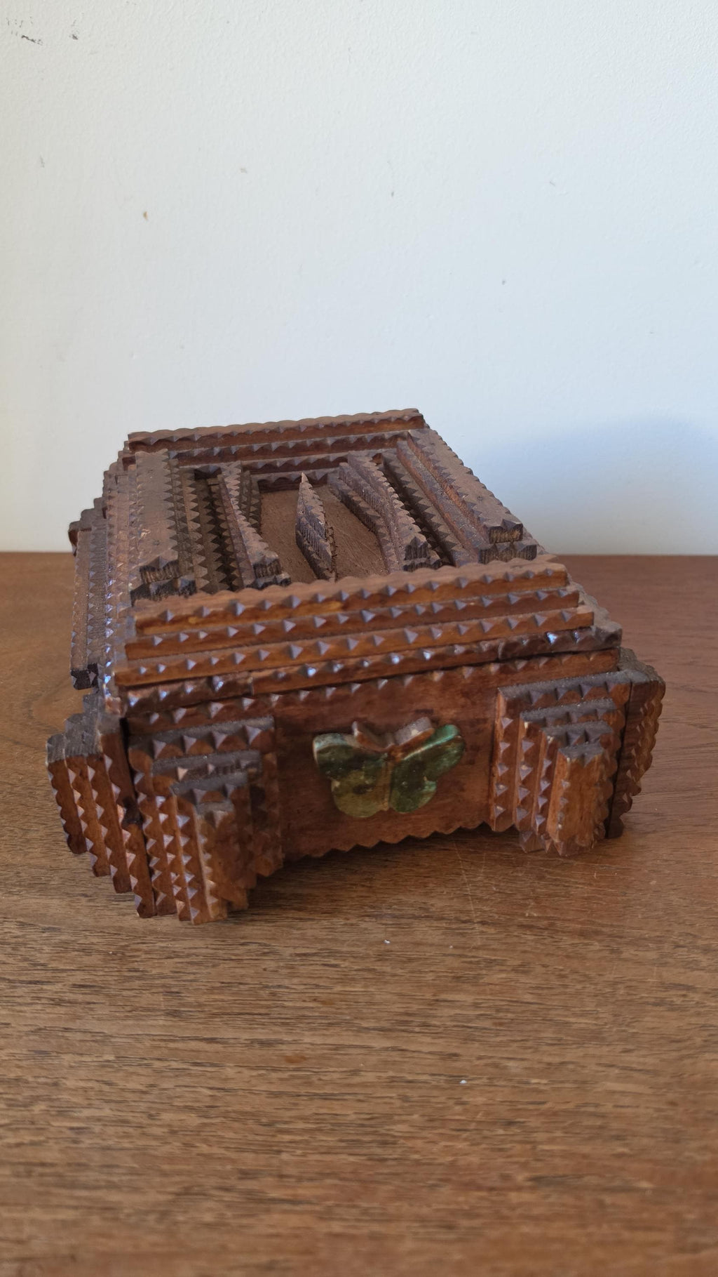 Vintage Tramp Art Wooden Box, Hand Carved Folk Art Jewelry Box, Layered Chip Carved Rustic Storage Box, Primitive Decor